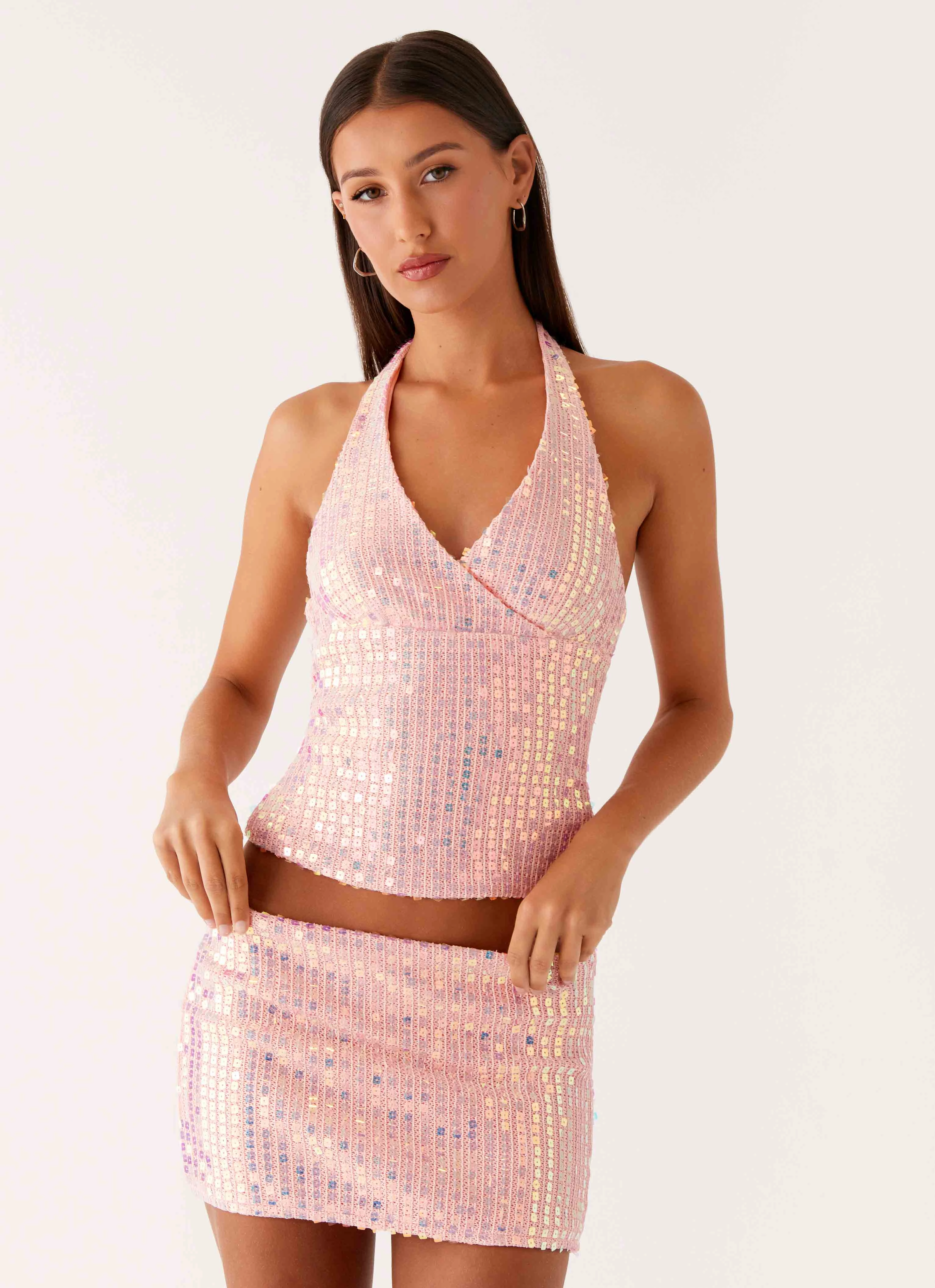 Been That Girl Knit Sequin Mini Skirt - Iridescent Pink Water resistant coating light colors