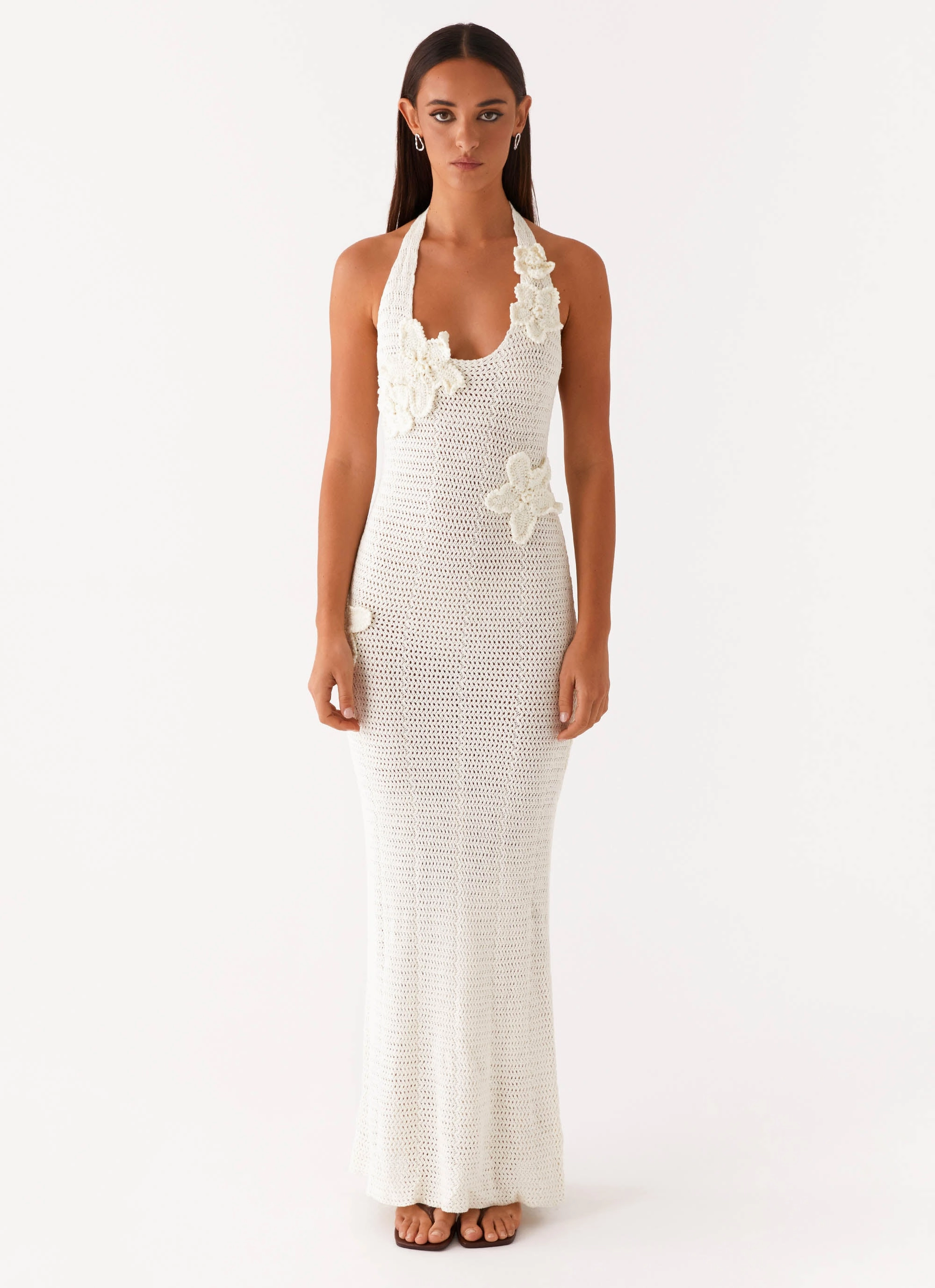 Novalee Flower Crochet Maxi Dress - Ivory Flared-Hem Convertible-Style