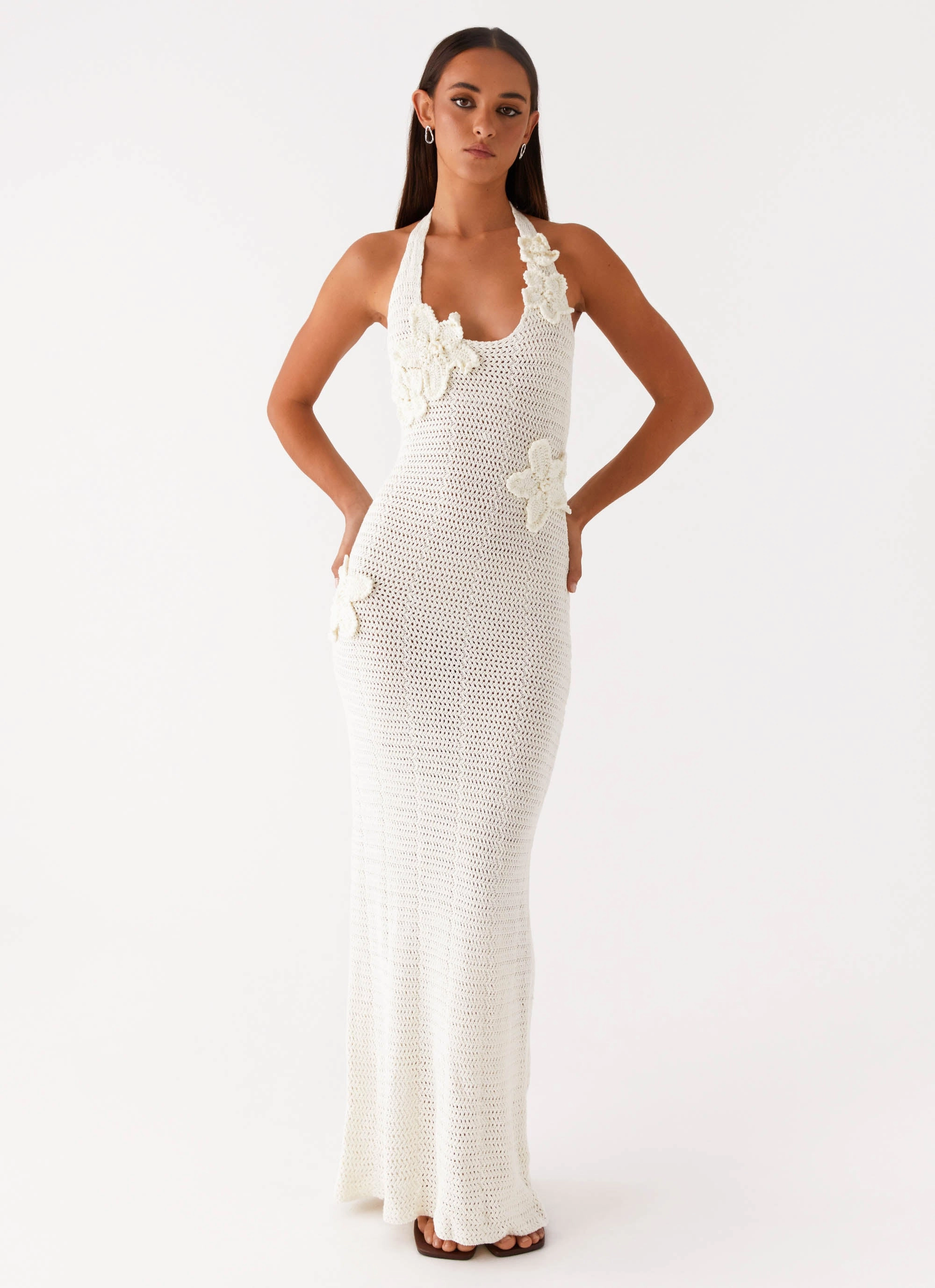 Novalee Flower Crochet Maxi Dress - Ivory Subtle Mood Satin Soft