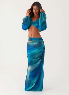 Stretchable Waist Clean Fit Austin Cut Out Maxi Skirt - Blue Tie Dye