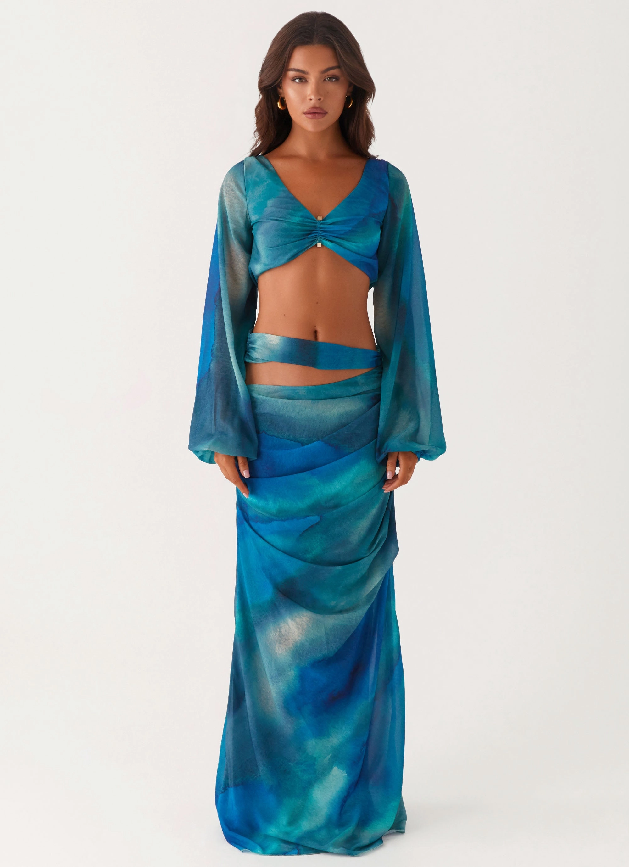 Austin Cut Out Maxi Skirt - Blue Tie Dye Fitted Cut