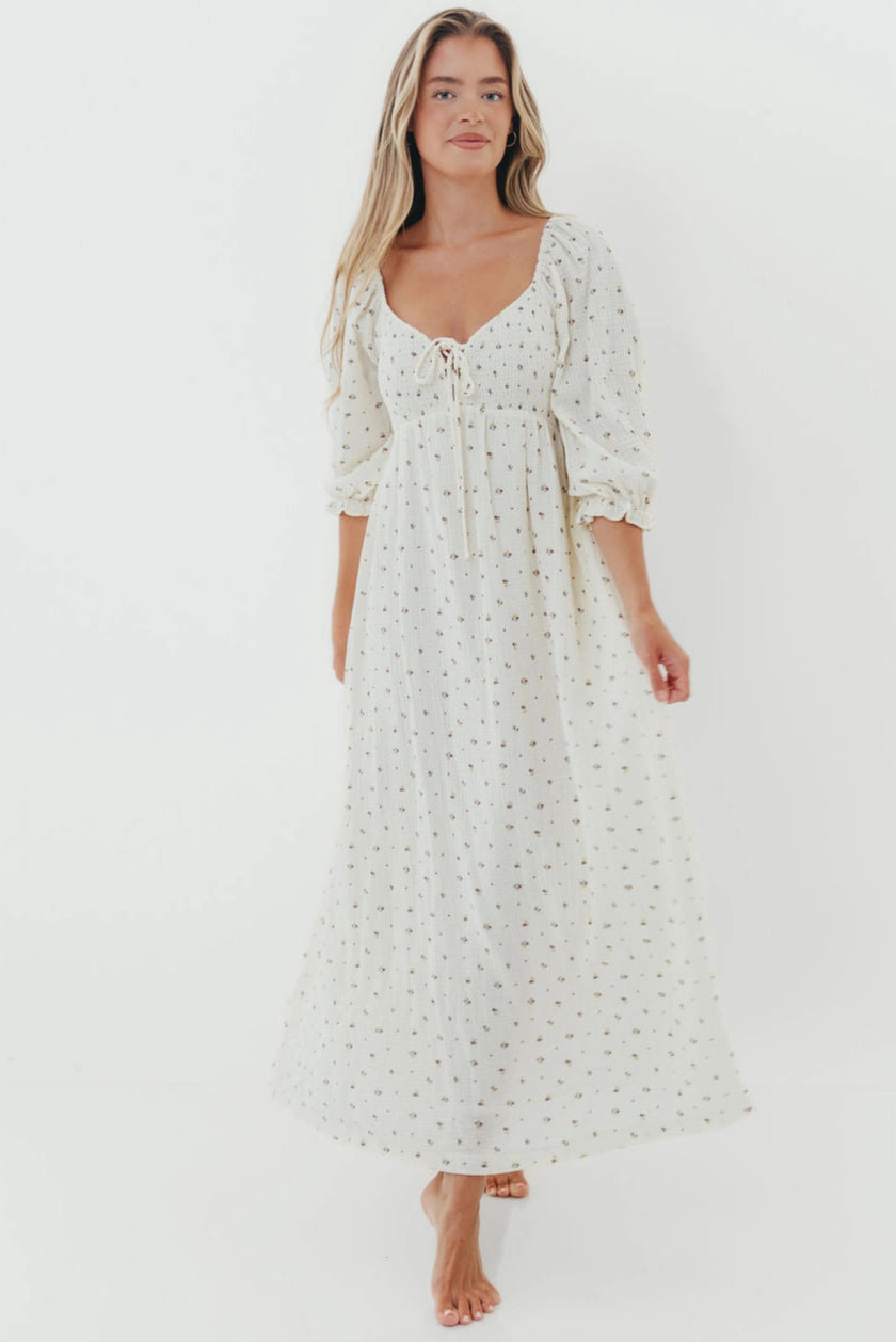 Cecilia 100% Cotton Smocked Maxi Dress in Ivory - Bump Friendly Dreamy Look Polished Wear