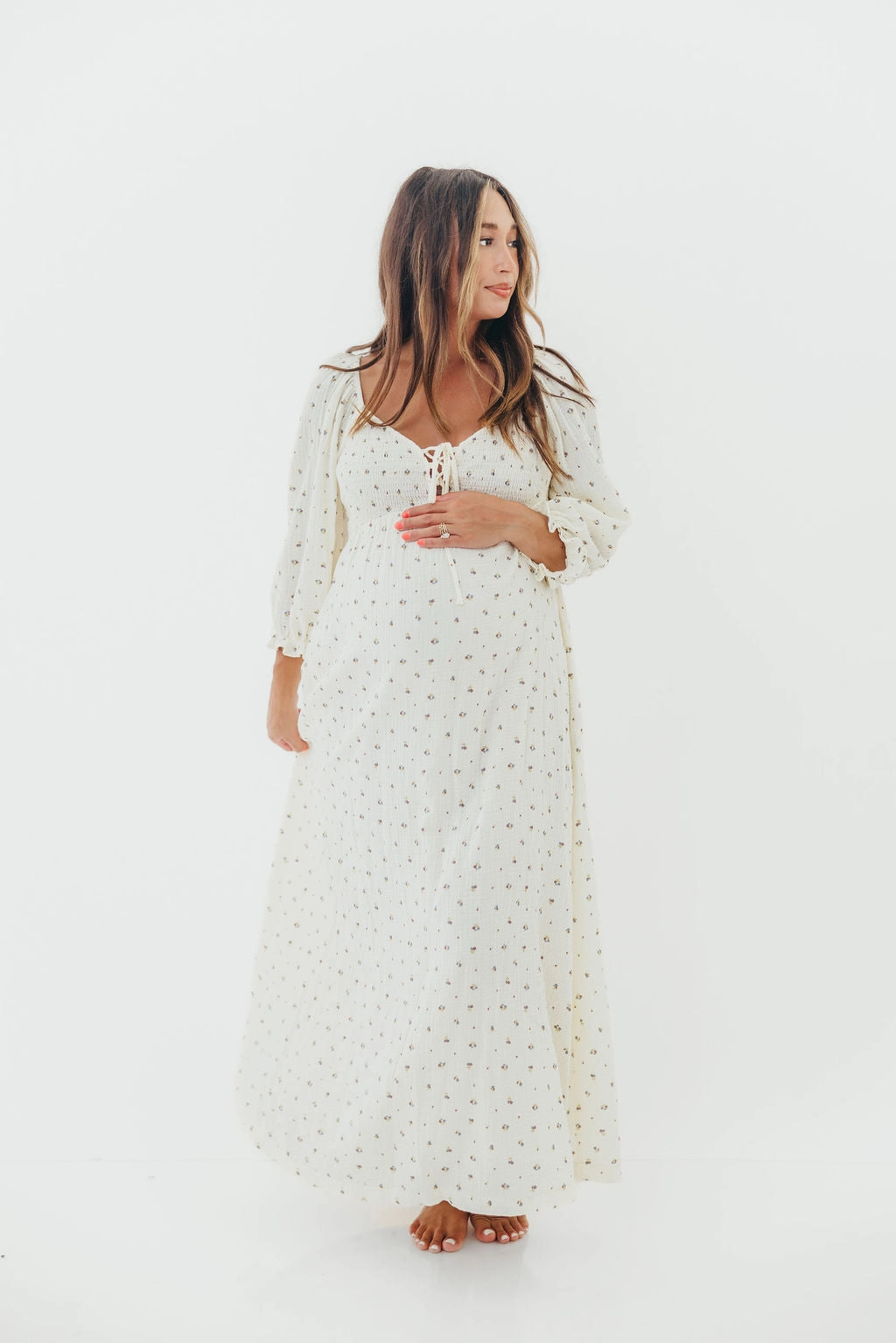 Sleek Texture Cecilia 100% Cotton Smocked Maxi Dress in Ivory - Bump Friendly