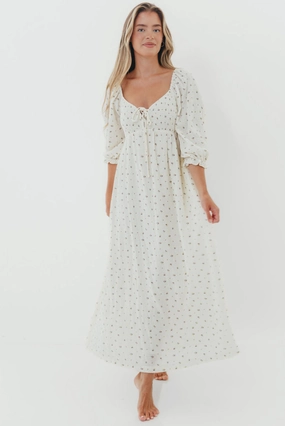 Cecilia 100% Cotton Smocked Maxi Dress in Ivory - Bump Friendly Dreamy Look Polished Wear