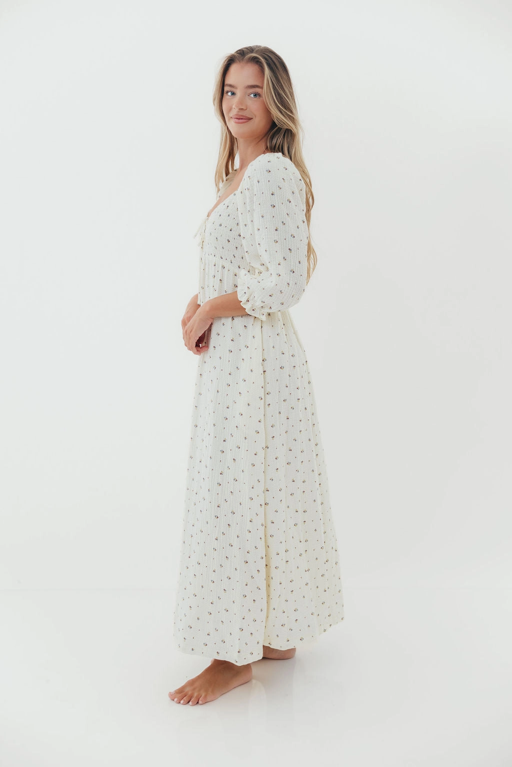 Cecilia 100% Cotton Smocked Maxi Dress in Ivory - Bump Friendly BreathableLining Bohemian-Style