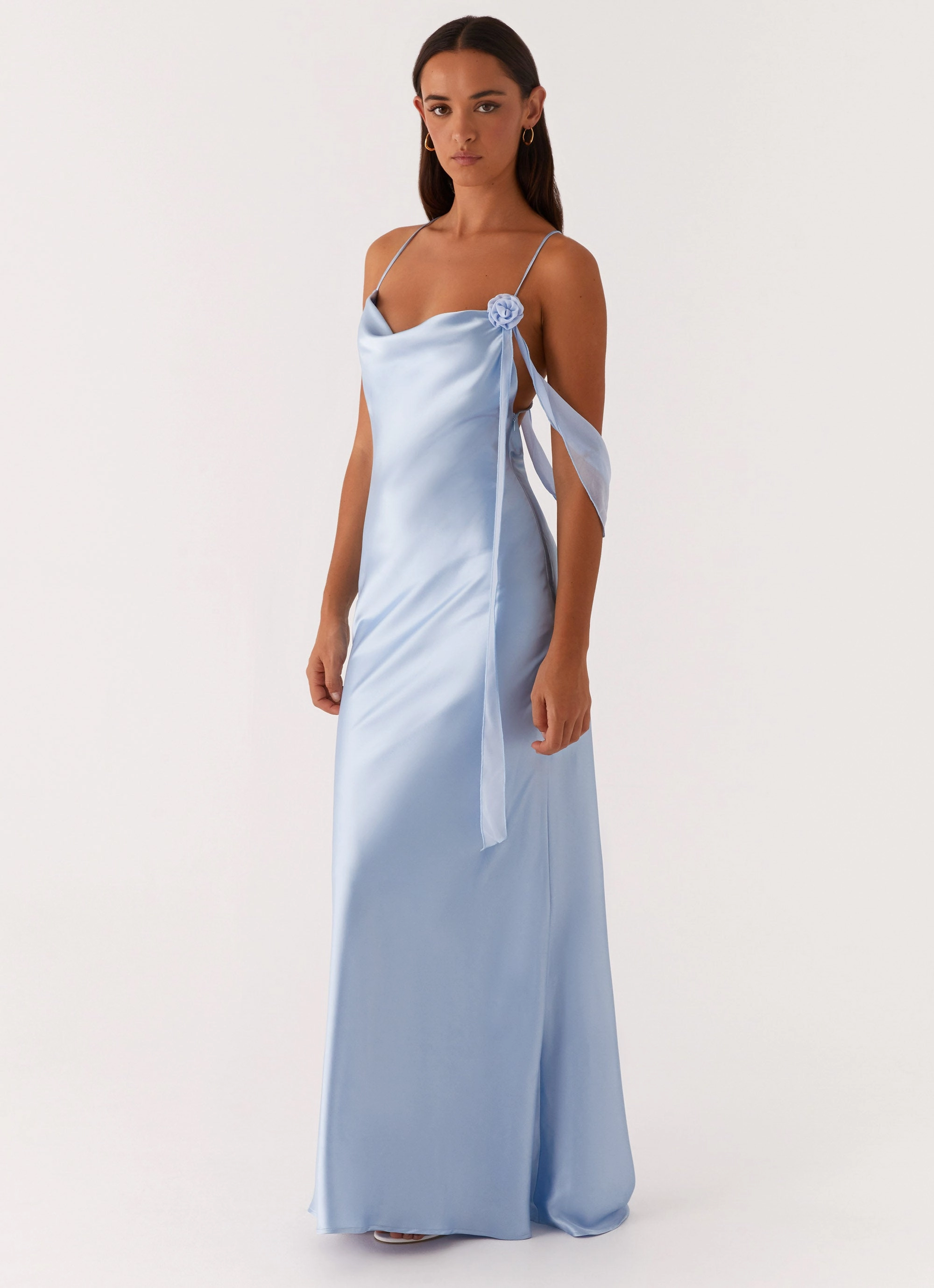 Too Sweet Satin Maxi Dress - Blue Easy Movement Sophisticated Waist Fit