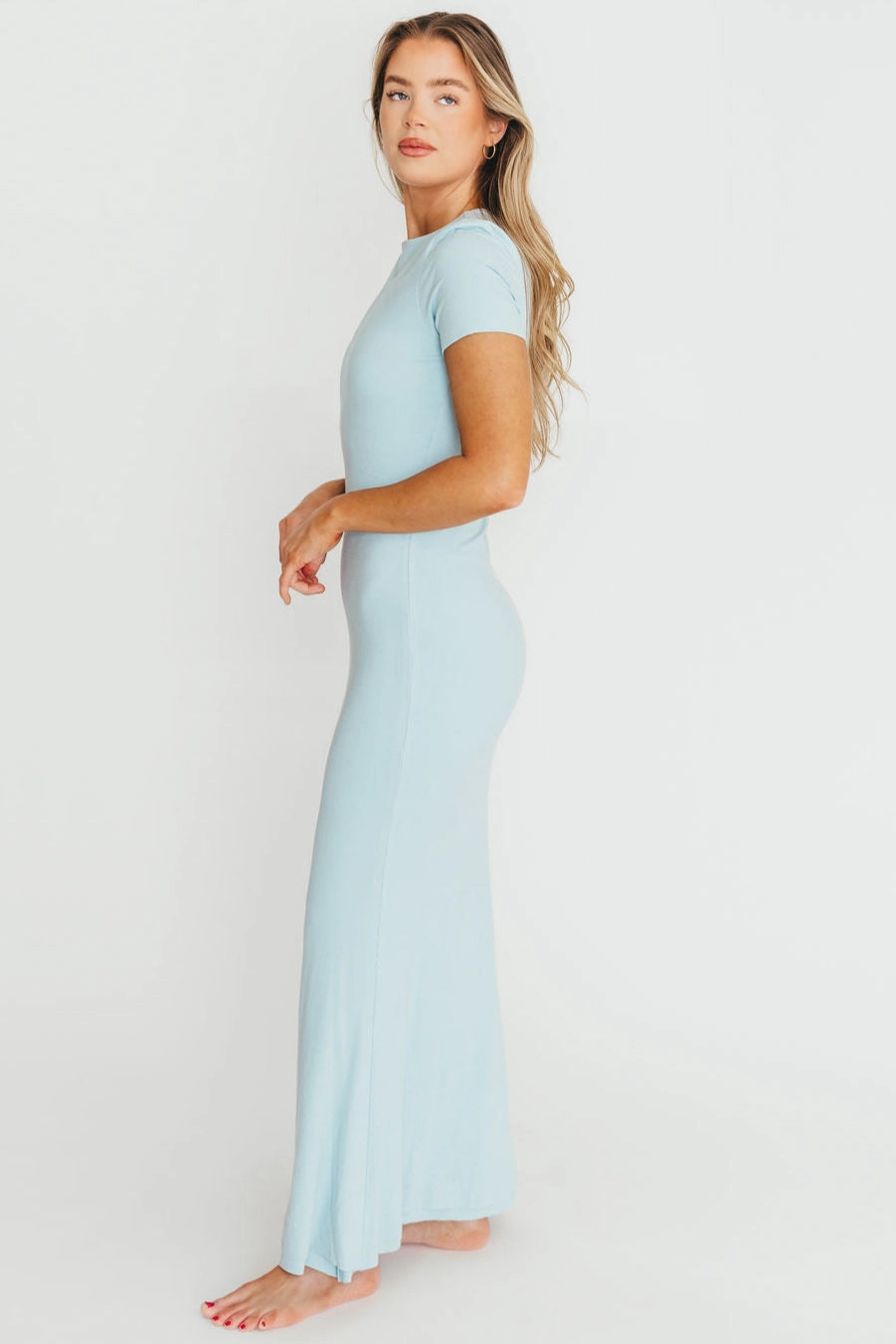 Dreamy Presence Smart Texture The Charlie Ribbed Maxi Dress in Baby Blue -Bump Friendly