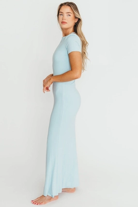 Dreamy Presence Smart Texture The Charlie Ribbed Maxi Dress in Baby Blue -Bump Friendly