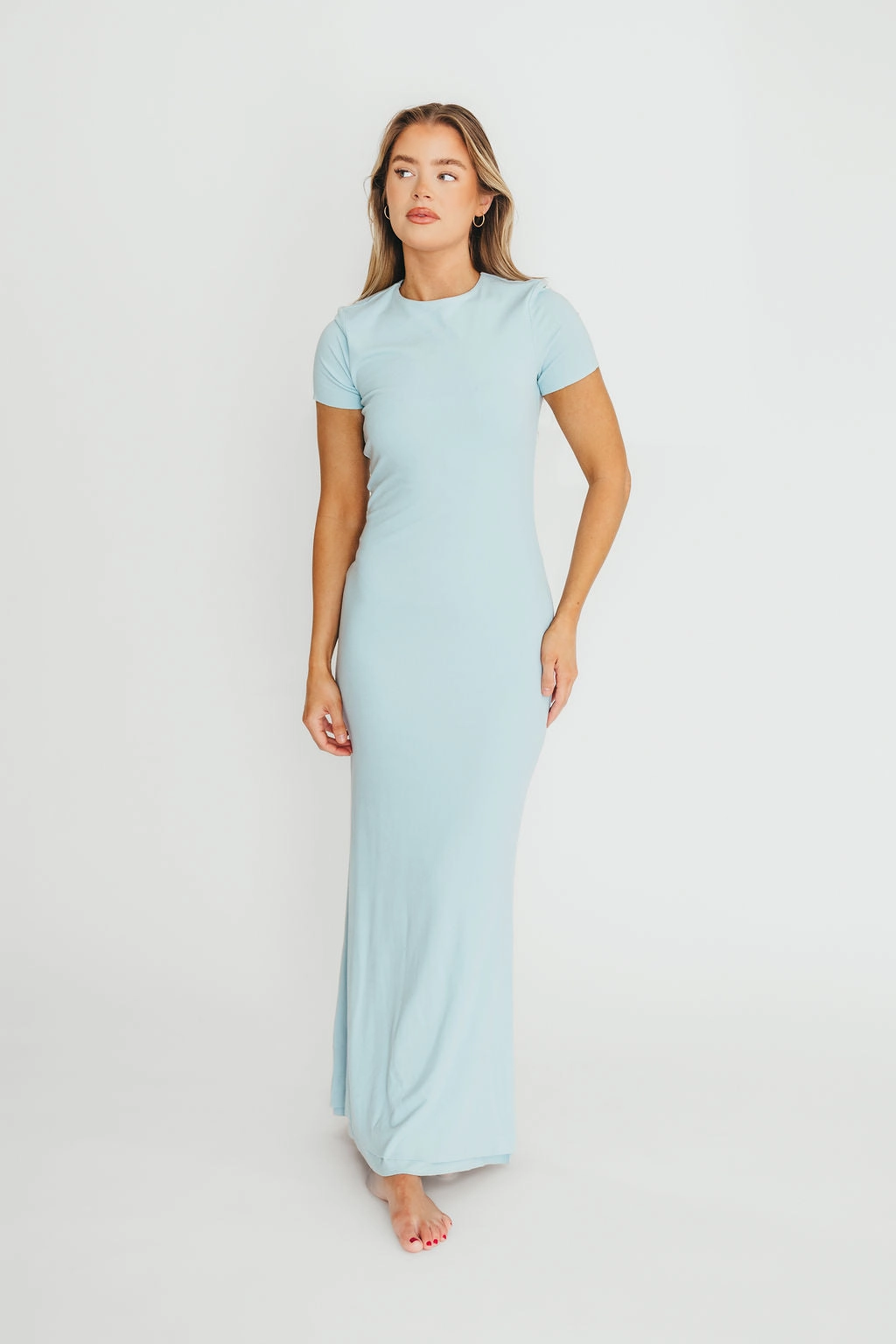 Premium Look The Charlie Ribbed Maxi Dress in Baby Blue -Bump Friendly