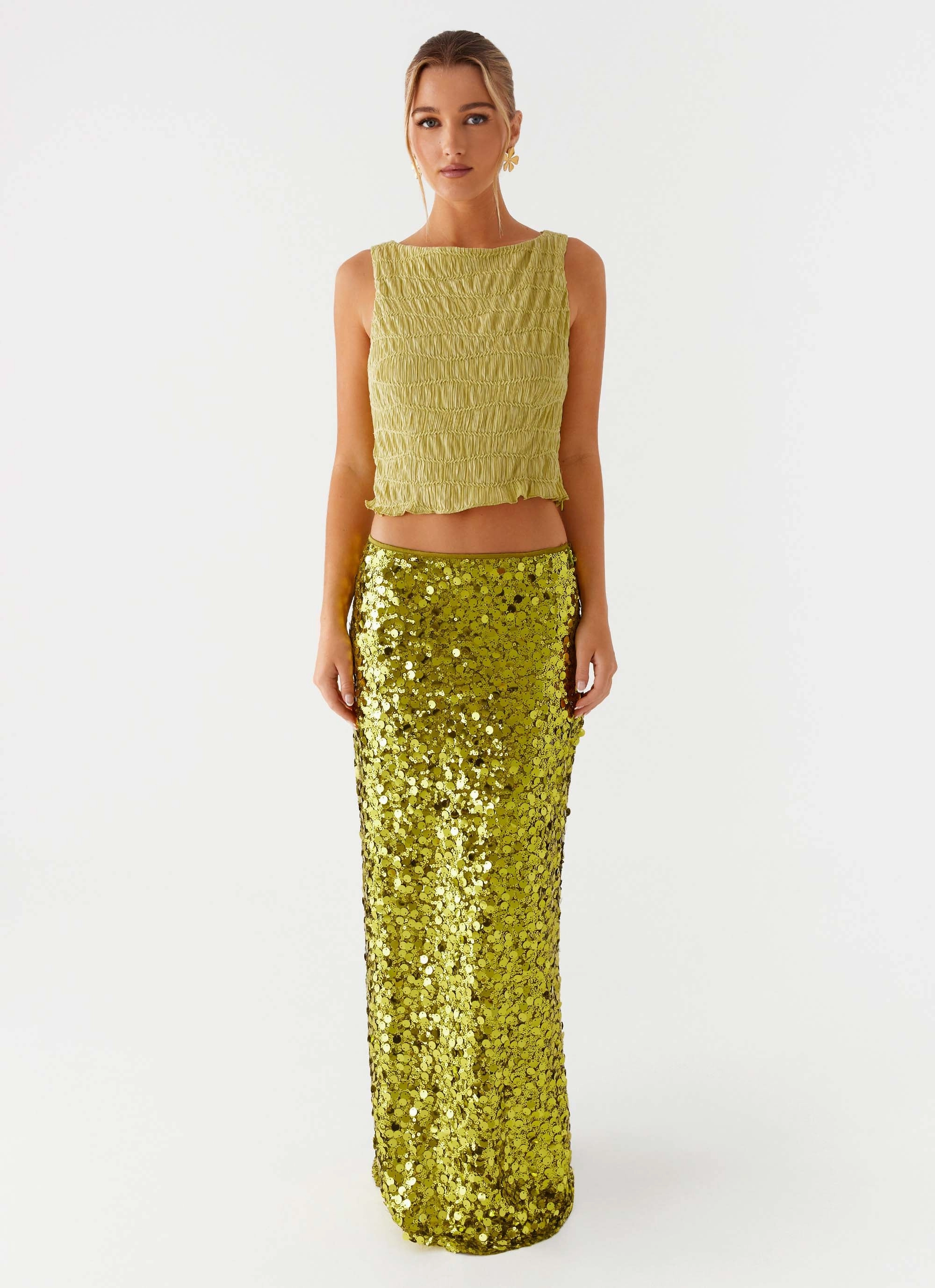 Fair trade Texture Focus Perfect Places Low Rise Sequin Maxi Skirt - Olive