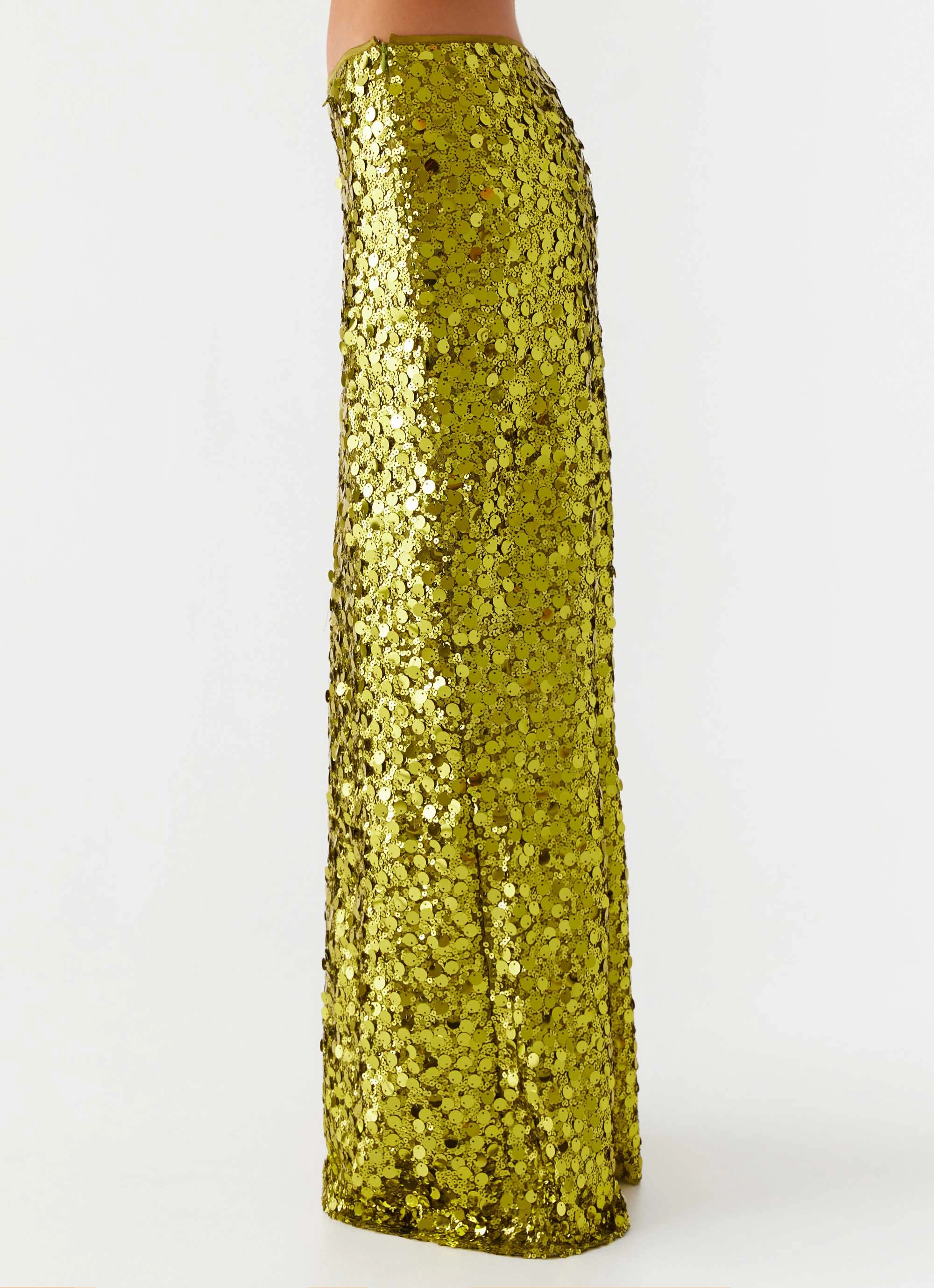 Perfect Places Low Rise Sequin Maxi Skirt - Olive light colors Semi Sheer