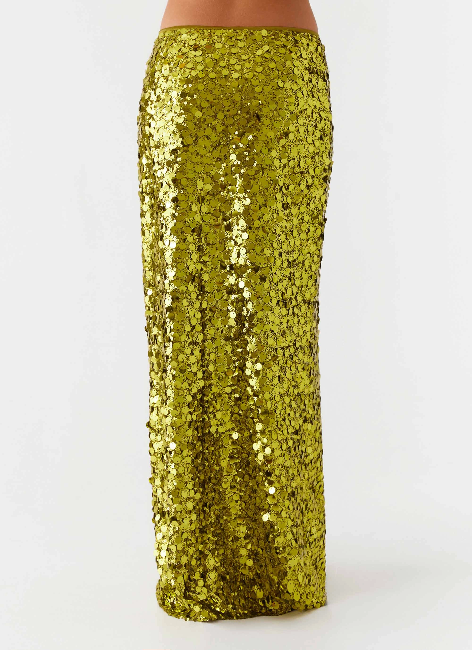 Perfect Places Low Rise Sequin Maxi Skirt - Olive Drawstring closure