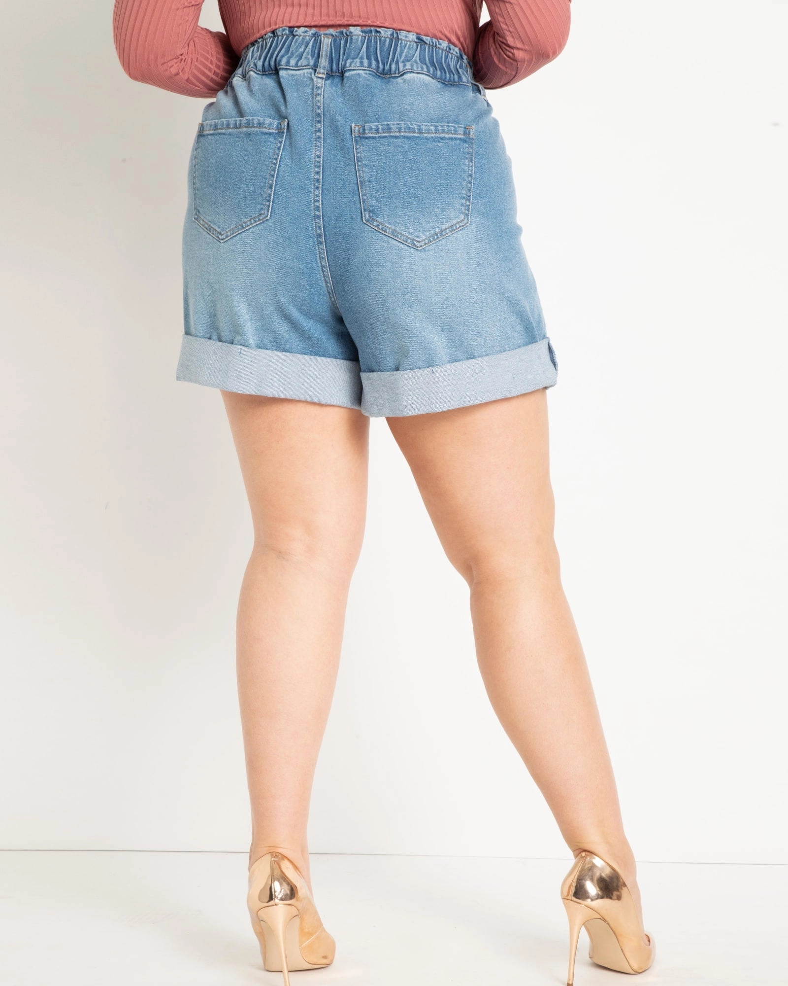 Elastic Waistband Shorts with Pleat Detail | Medium Wash Comfortable Waistband