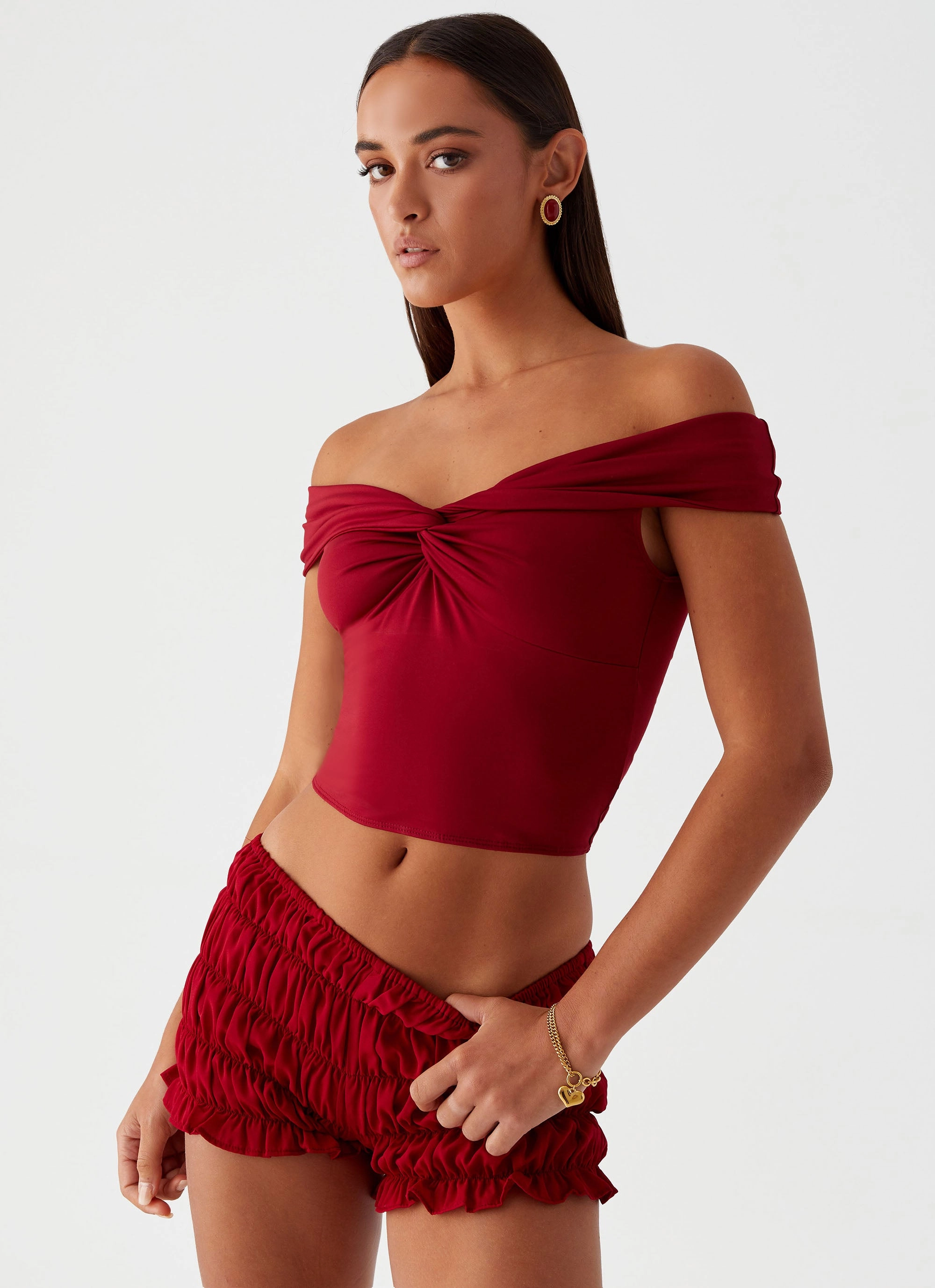 Trixie Twist Off Shoulder Top - Maroon Learning - effective rental