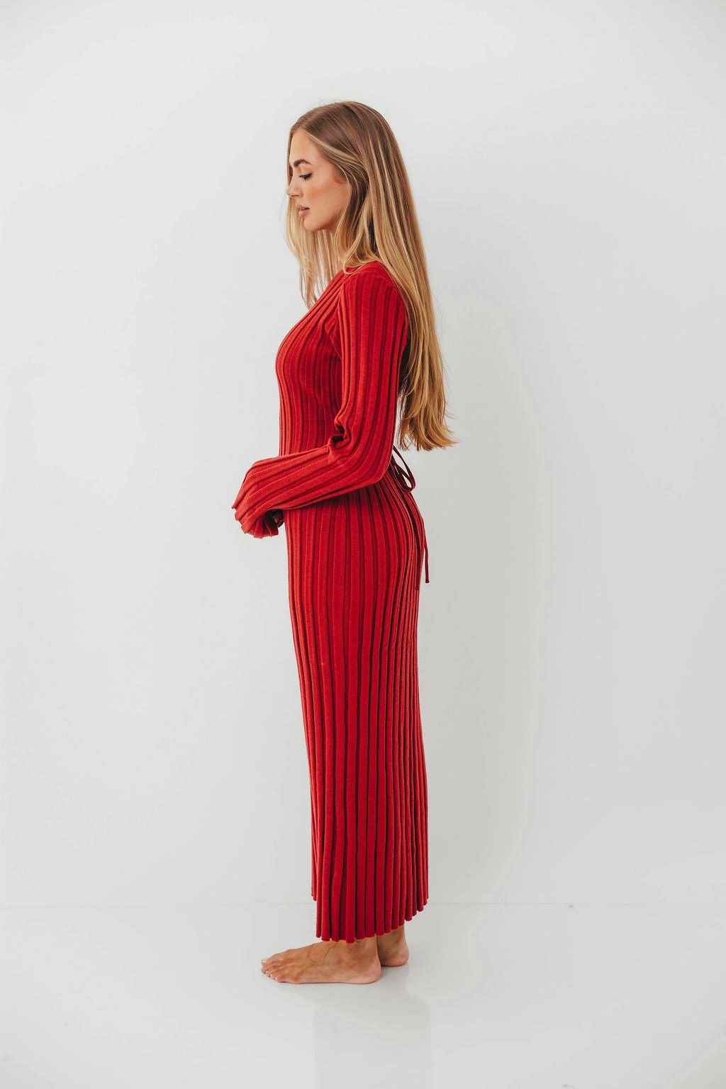 Body Ease Colette Luxe Premium Long Sleeved Ribbed Knit Maxi Dress in Muted Red - Bump Friendly