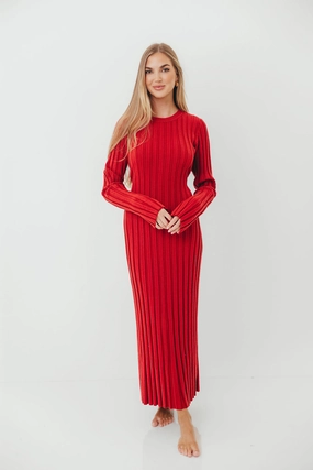 Colette Luxe Premium Long Sleeved Ribbed Knit Maxi Dress in Muted Red - Bump Friendly Clean Mood Cozy Balance