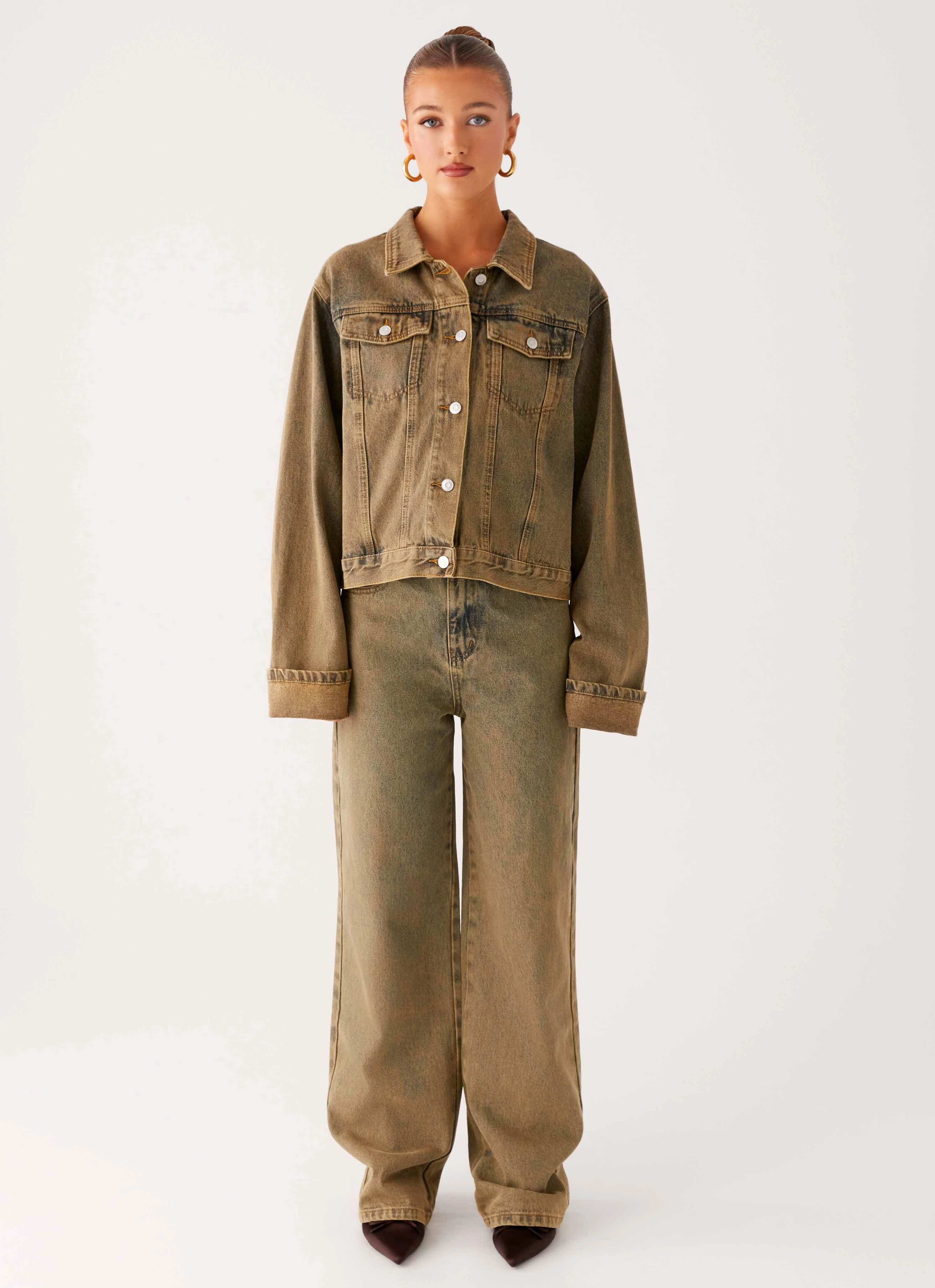 Gravity Defying Weight Back Again Oversized Denim Jacket - Brown Sand Wash