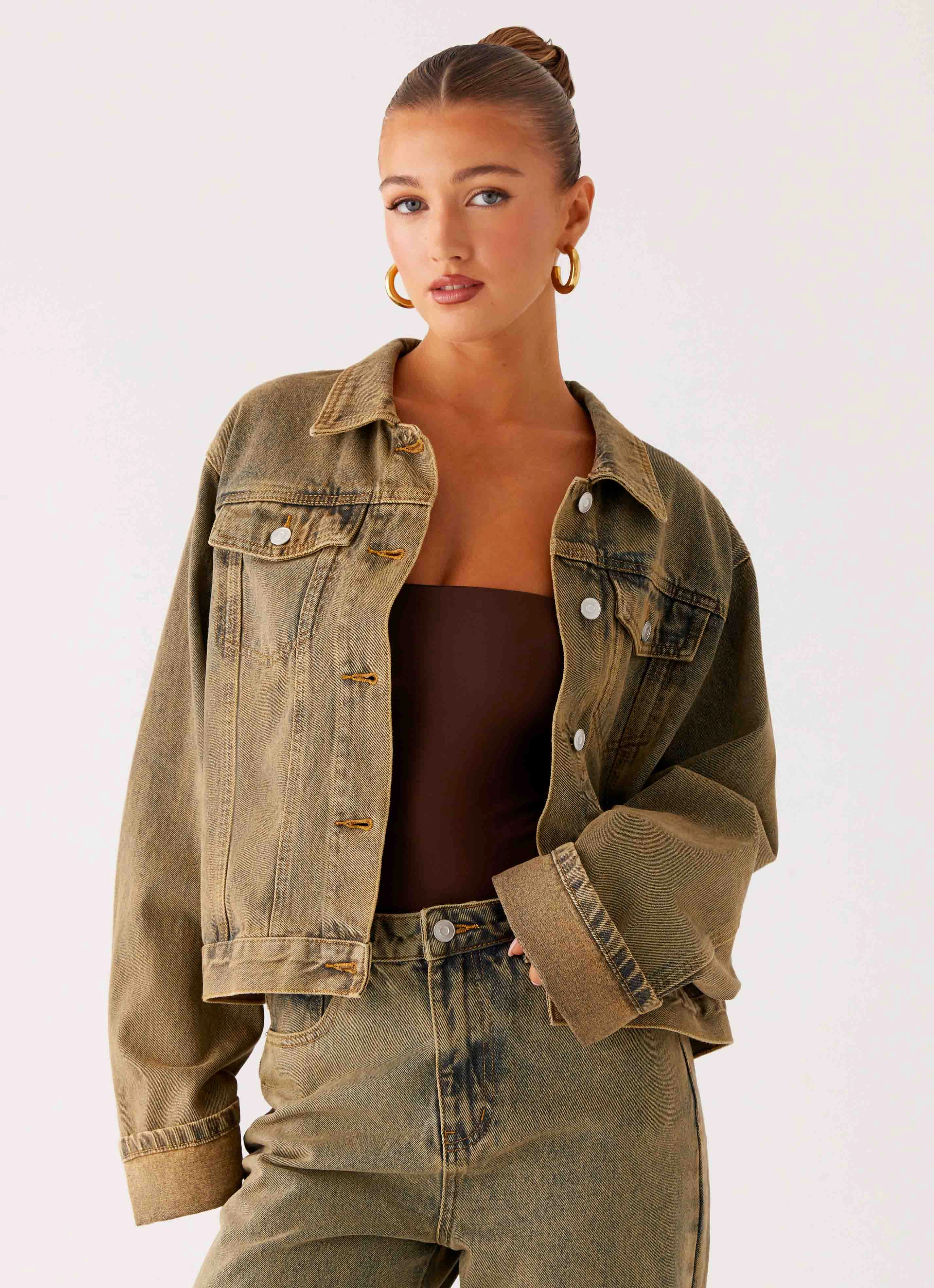 Esteem Lightweight Shield Back Again Oversized Denim Jacket - Brown Sand Wash