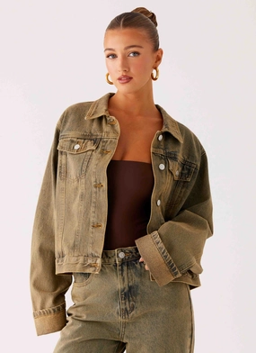 Esteem Lightweight Shield Back Again Oversized Denim Jacket - Brown Sand Wash
