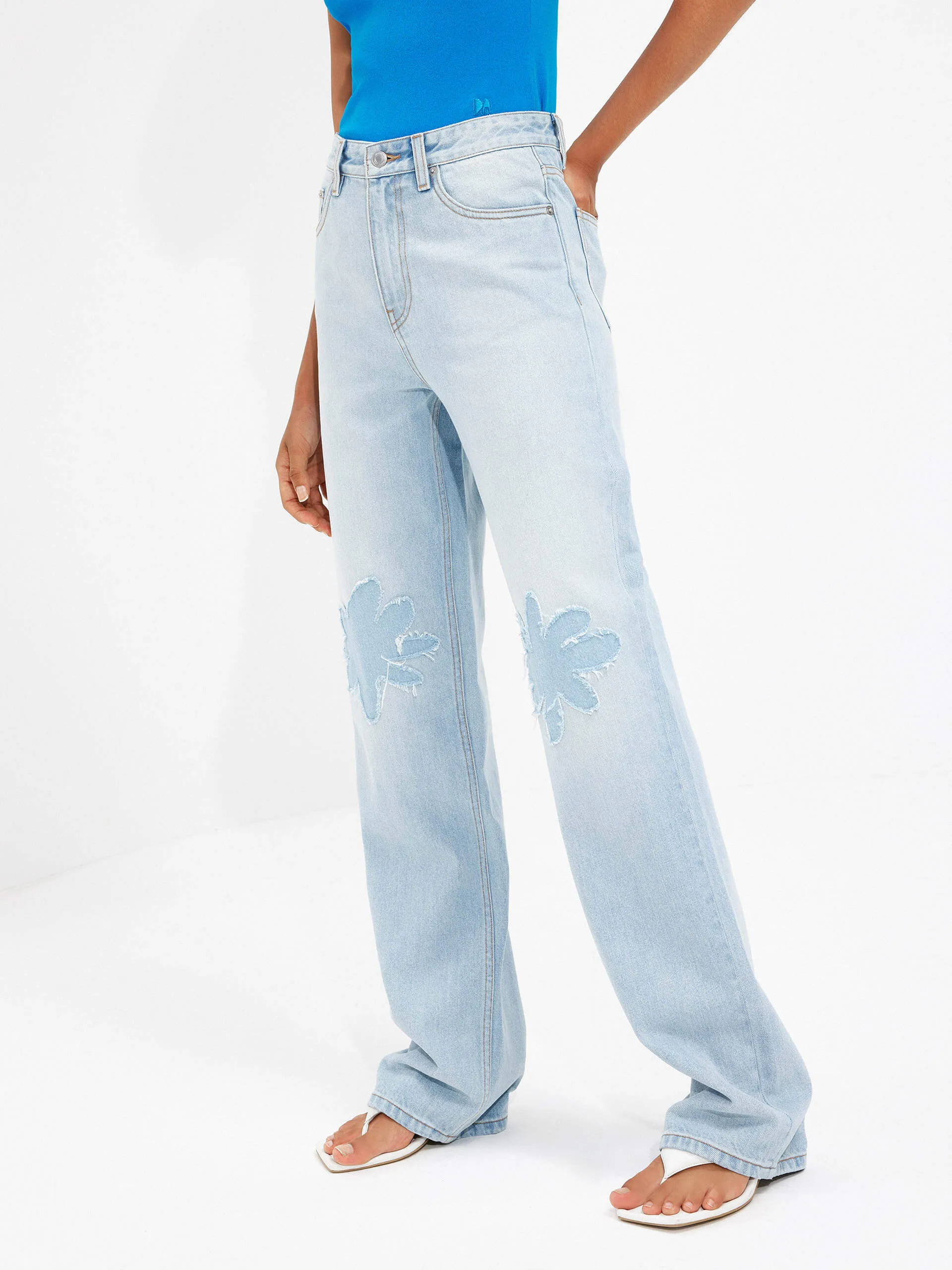 Floral Pattern Straight Jeans Minimal Shrinkage Fabric