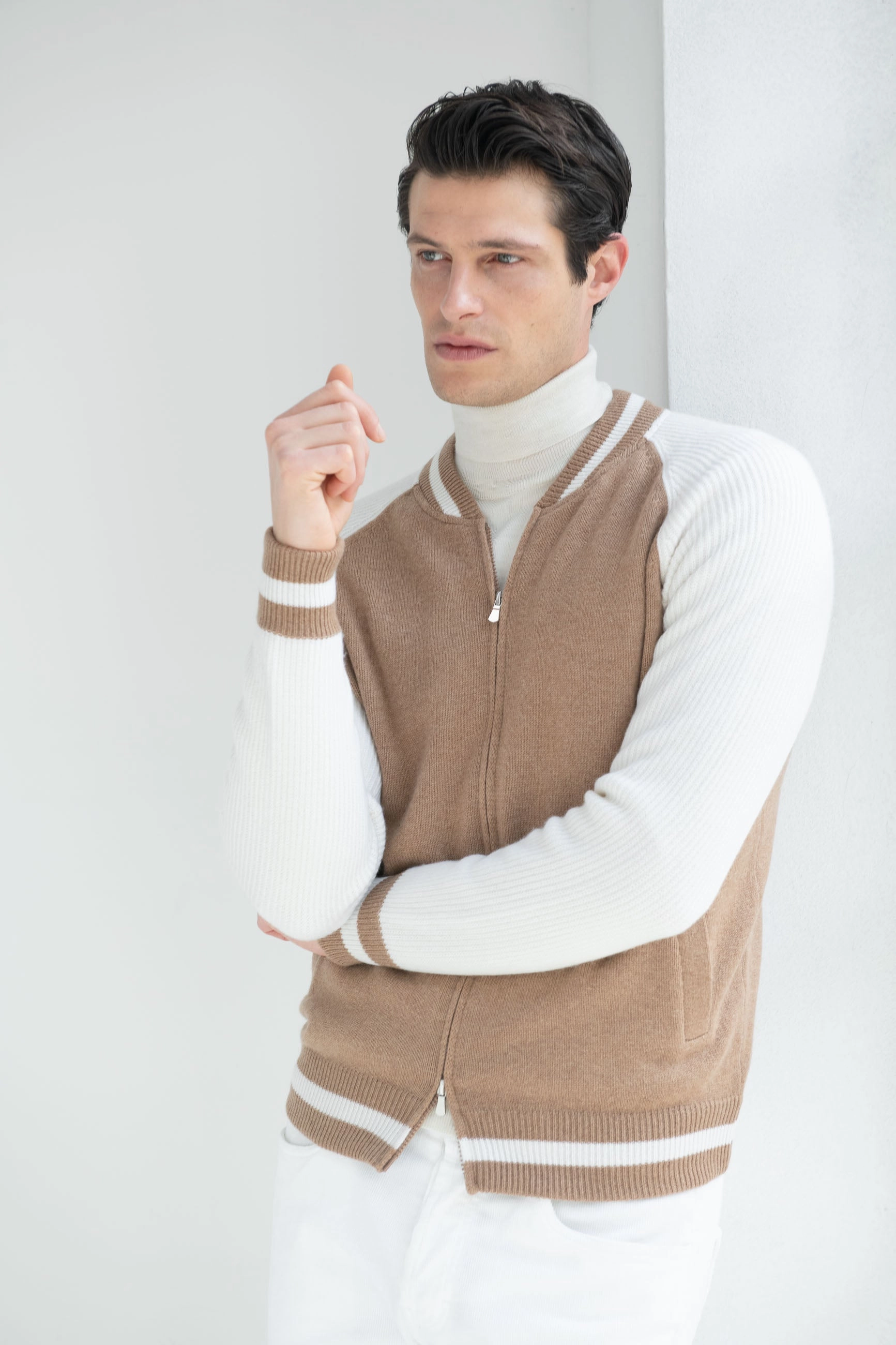 Beige knitted college bomber - Made in Italy Lightweight Fabric Snug feel