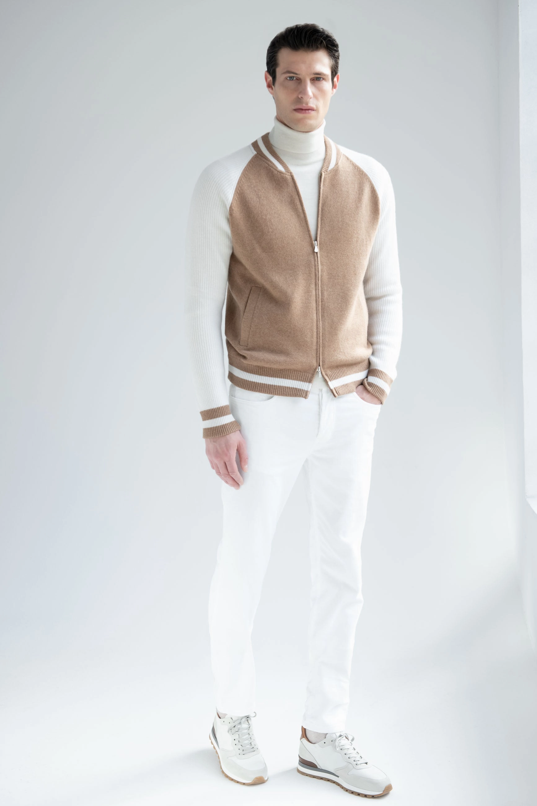 Beige knitted college bomber - Made in Italy Non Irritating Seams