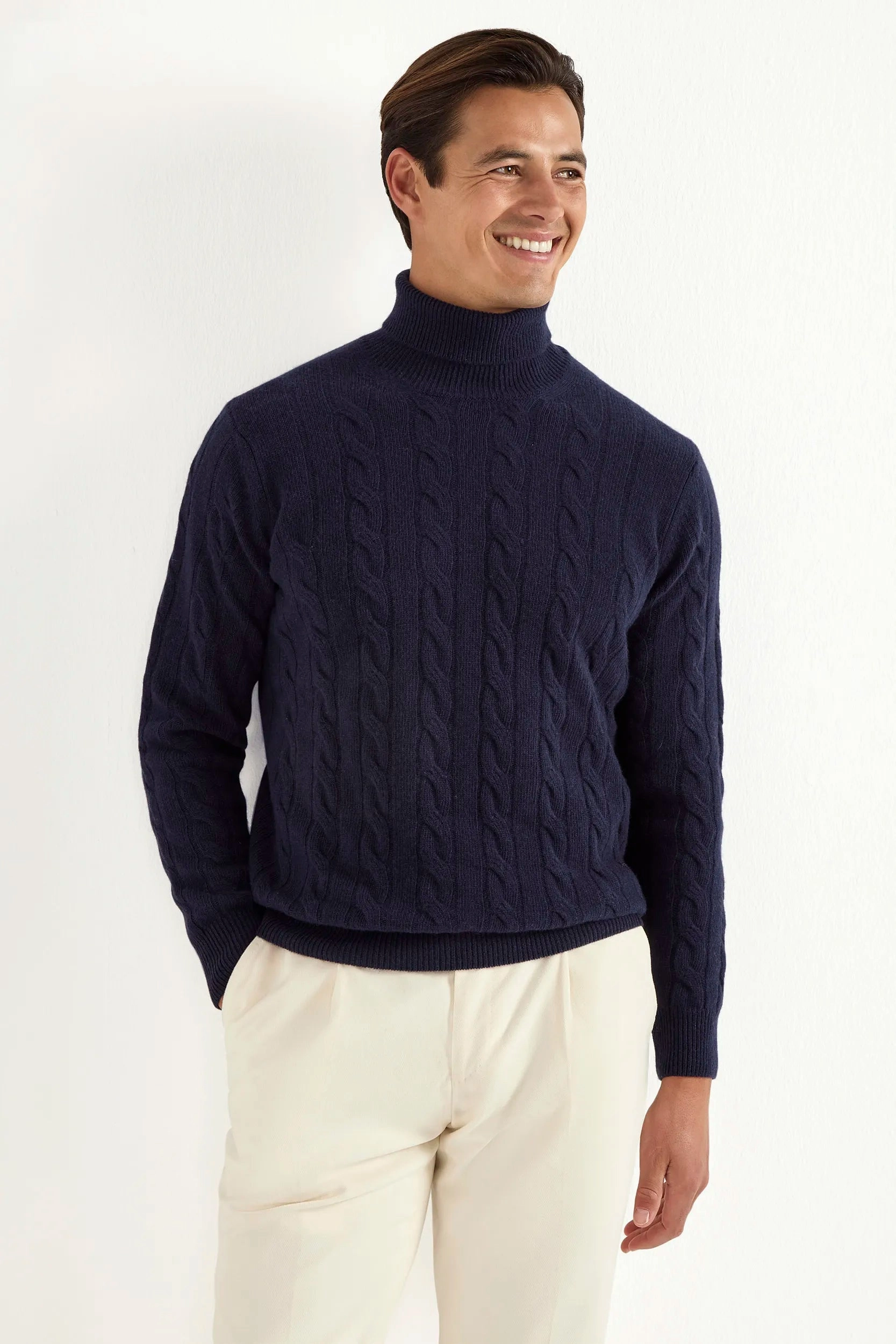 AntiSnag Yarn Technology Blue cable knit turtleneck ?C Made in Italy