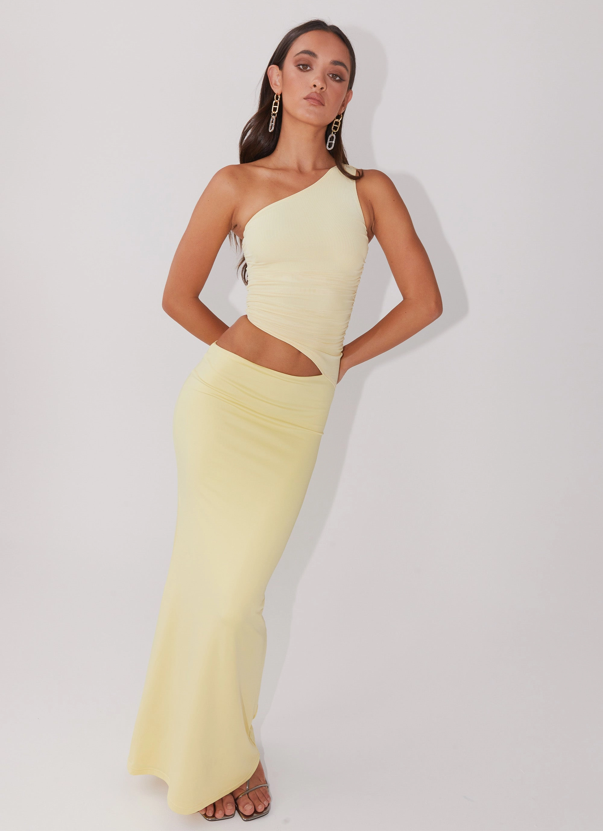 Retro Detail Eco Friendly Seranella One Shoulder Maxi Dress - Lemon