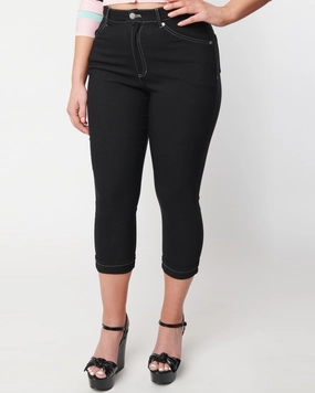 Unique Vintage Black Denim Bengaline Capris | Black Easy Option
