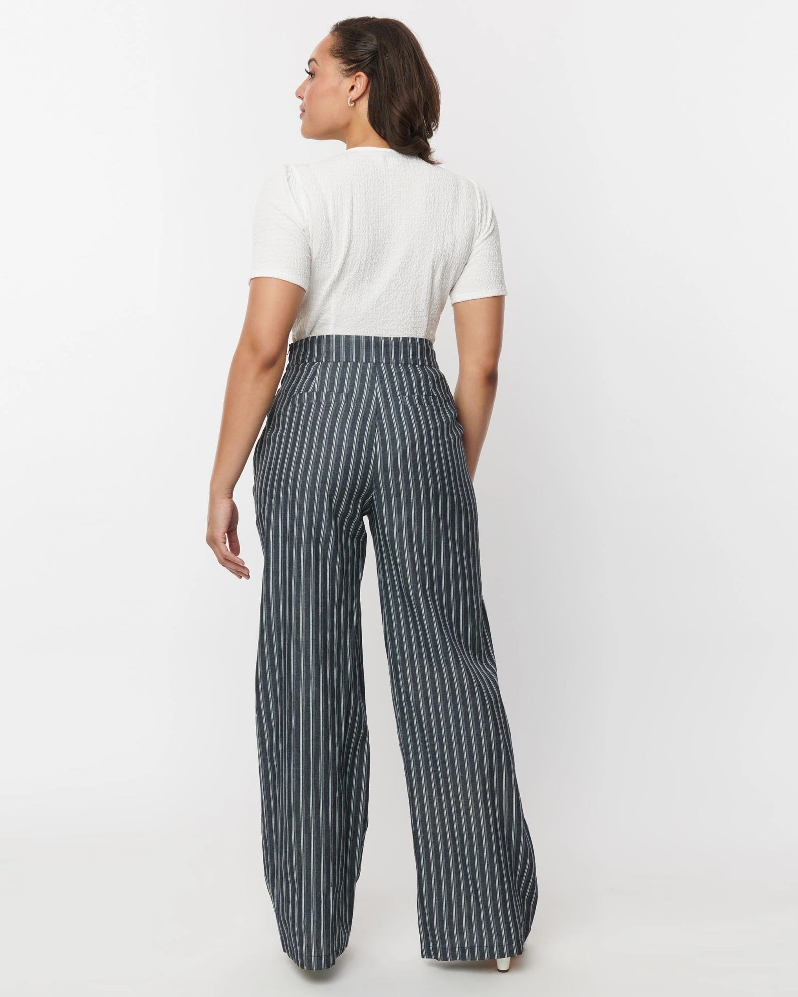 Everyday Confidence Unique Vintage Denim & White Stripe High Waist Sailor Ginger Pants | Blue, Striped