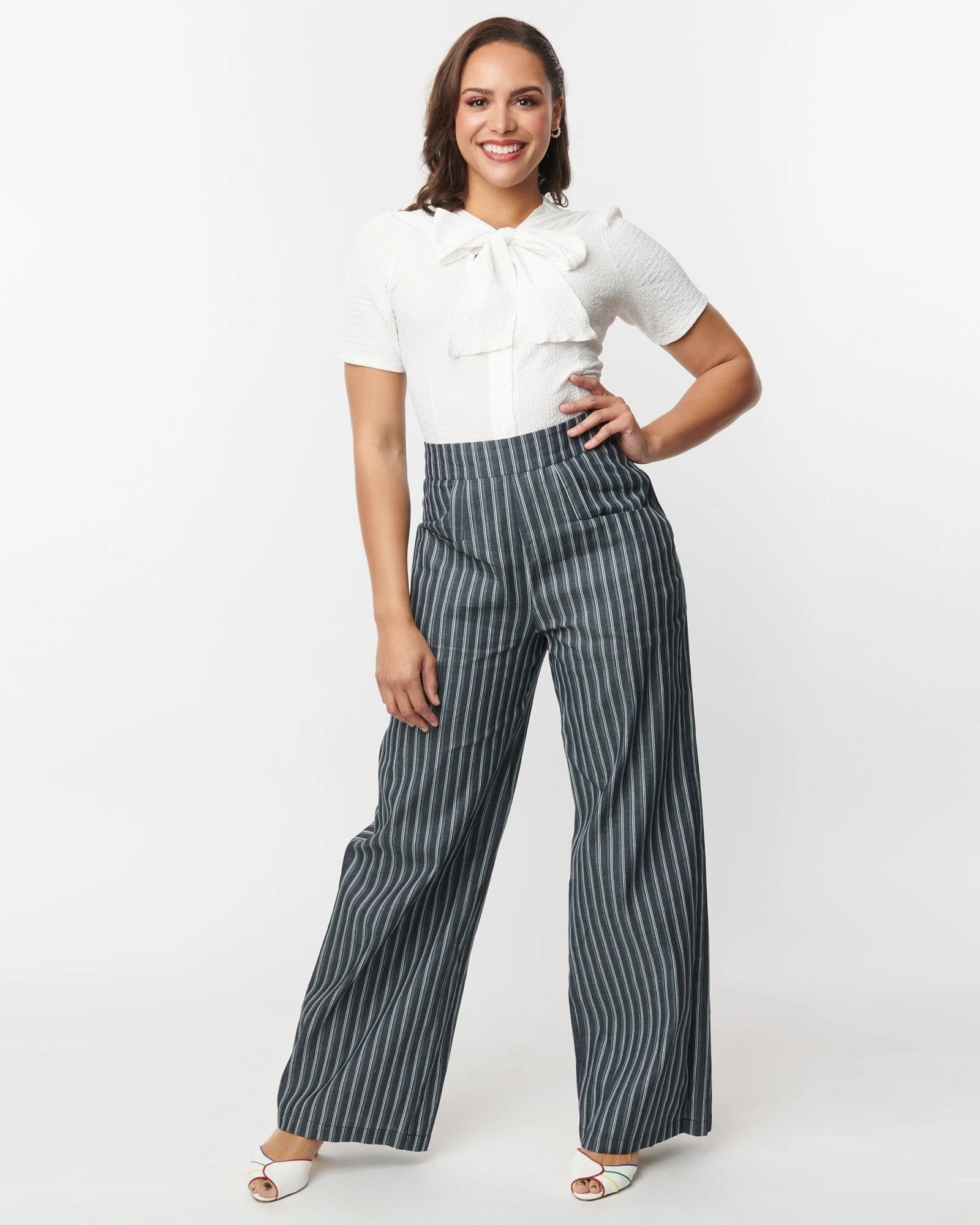 Unique Vintage Denim & White Stripe High Waist Sailor Ginger Pants | Blue, Striped Fashion Lover Minimalist
