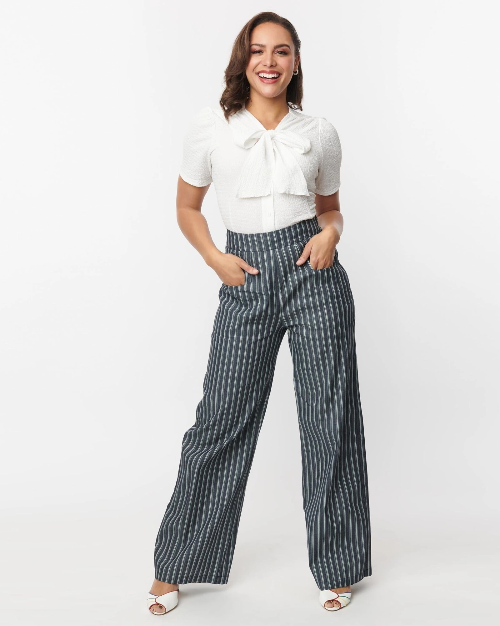 Unique Vintage Denim & White Stripe High Waist Sailor Ginger Pants | Blue, Striped Modern Attire