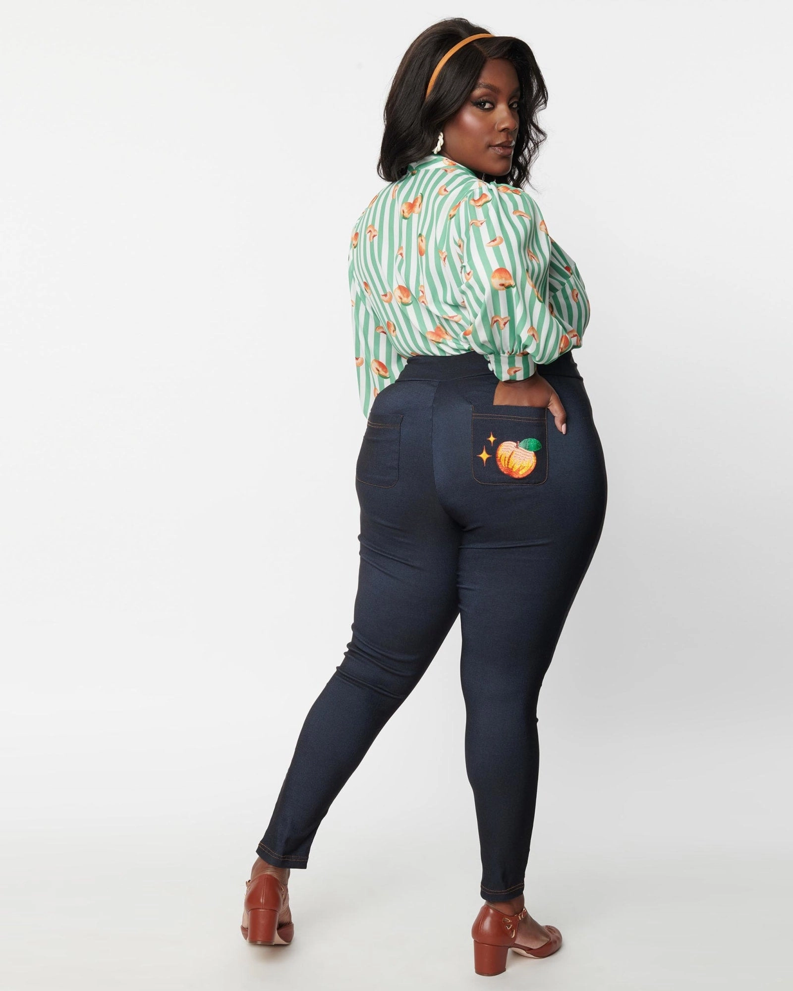 Unique Vintage Denim Bengaline & Peach Rizzo Cigarette Pants | Blue Spring Mood Elegant City Walk