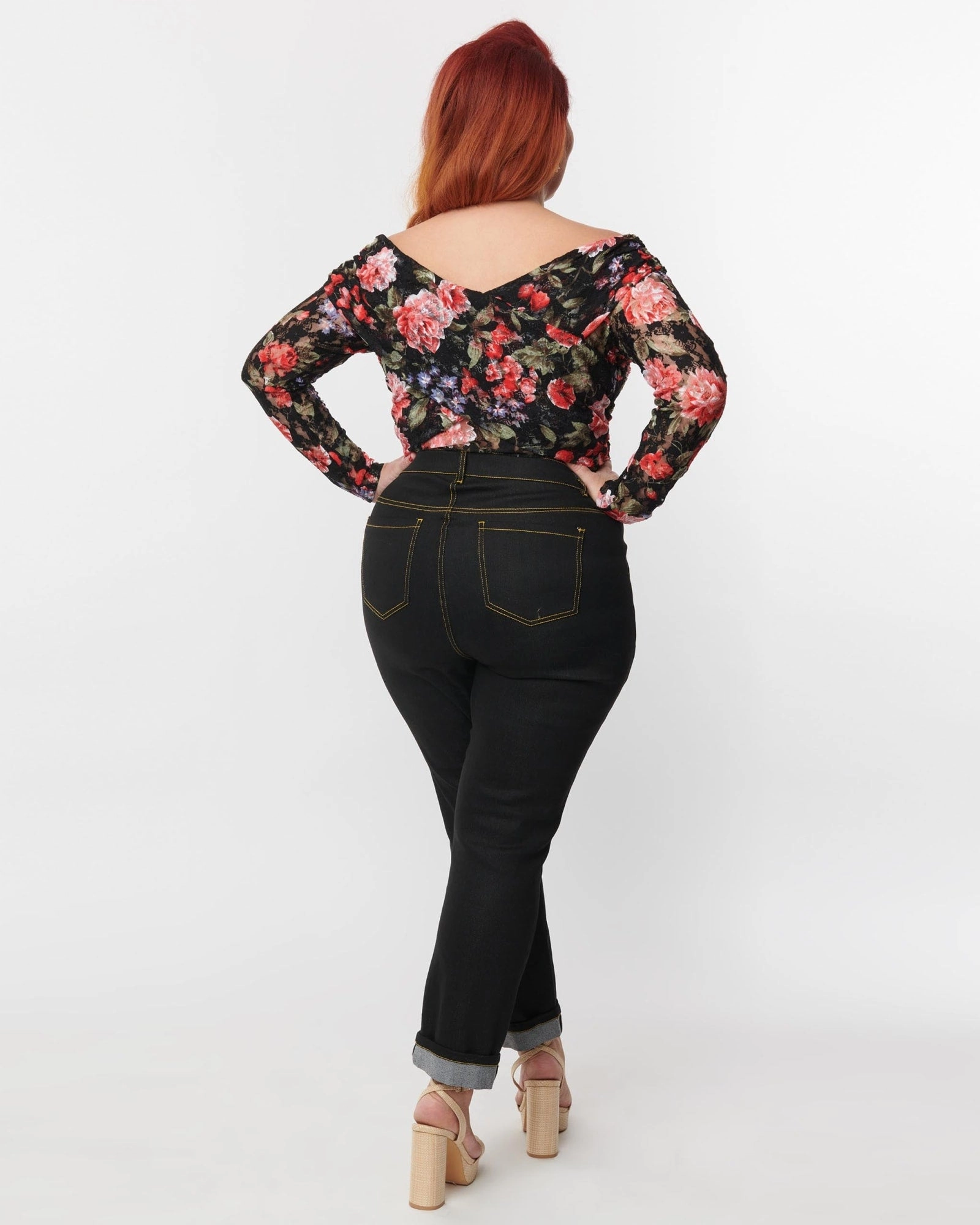 Unique Vintage Plus Size Black Denim Cuffed Jeans | Black Denim Utility Basic
