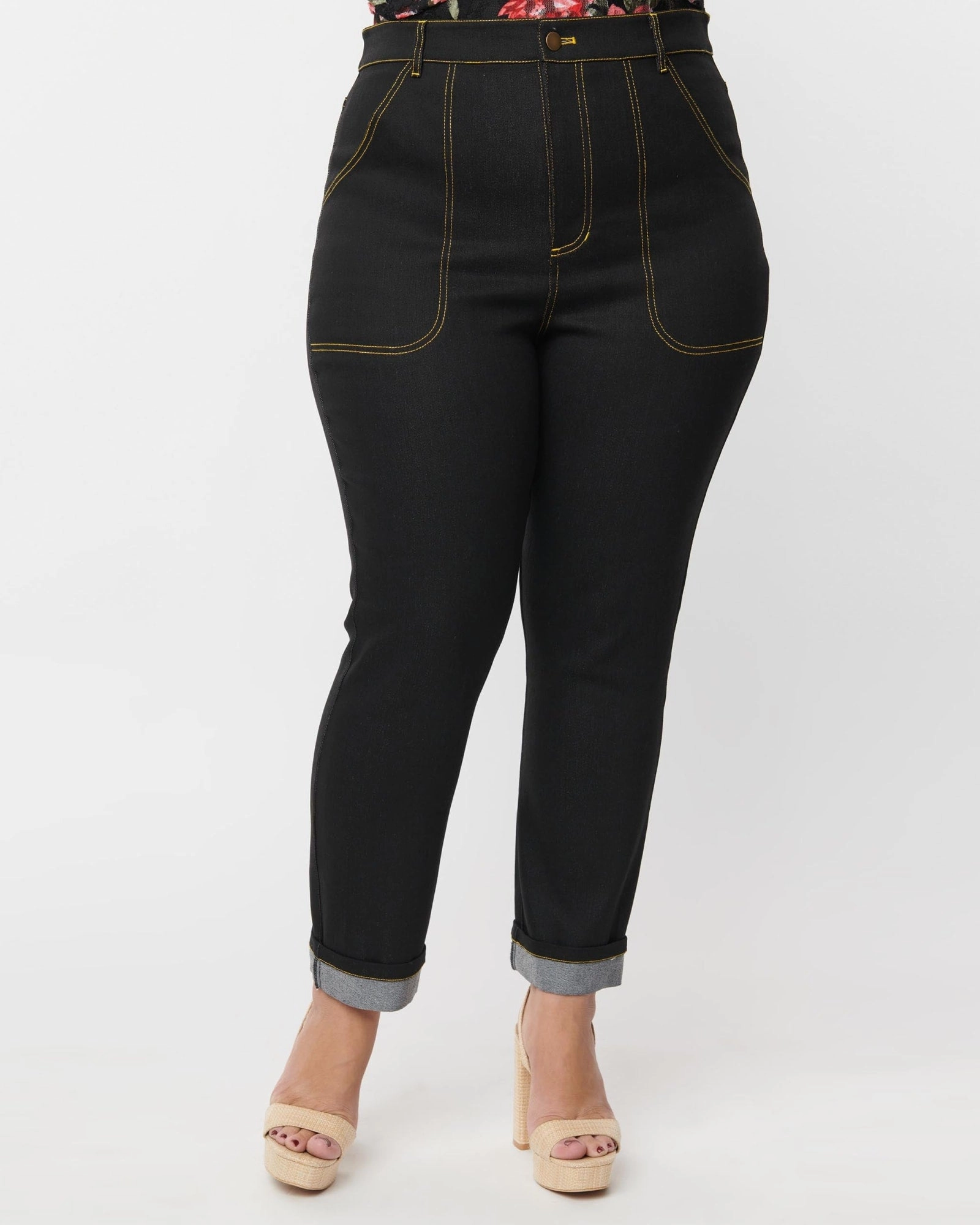 Work Ready Earthy Modern Couple Look Unique Vintage Plus Size Black Denim Cuffed Jeans | Black Denim