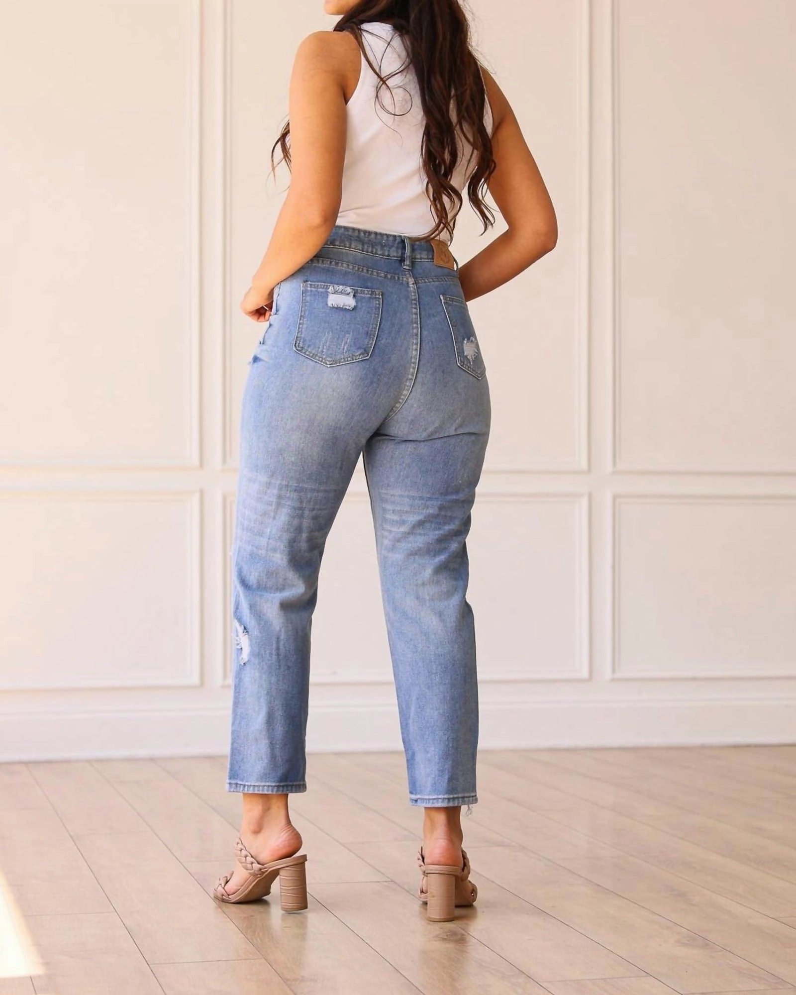 Street Inspired The Savannah Mid Rise Straight Fit Distressed Denim In Medium Wash | Medium Wash