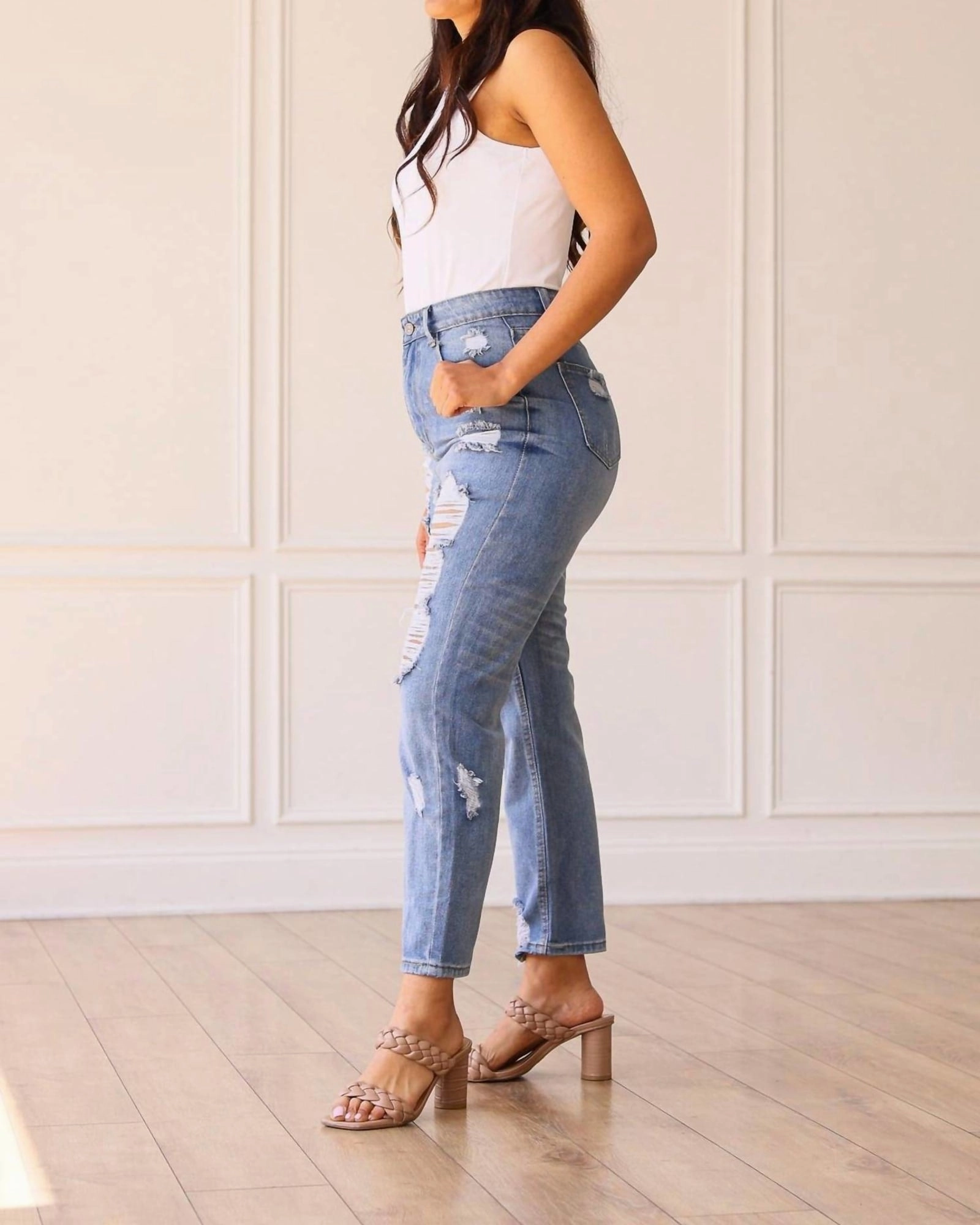 The Savannah Mid Rise Straight Fit Distressed Denim In Medium Wash | Medium Wash Non Fade Fabric Button Fly Closure