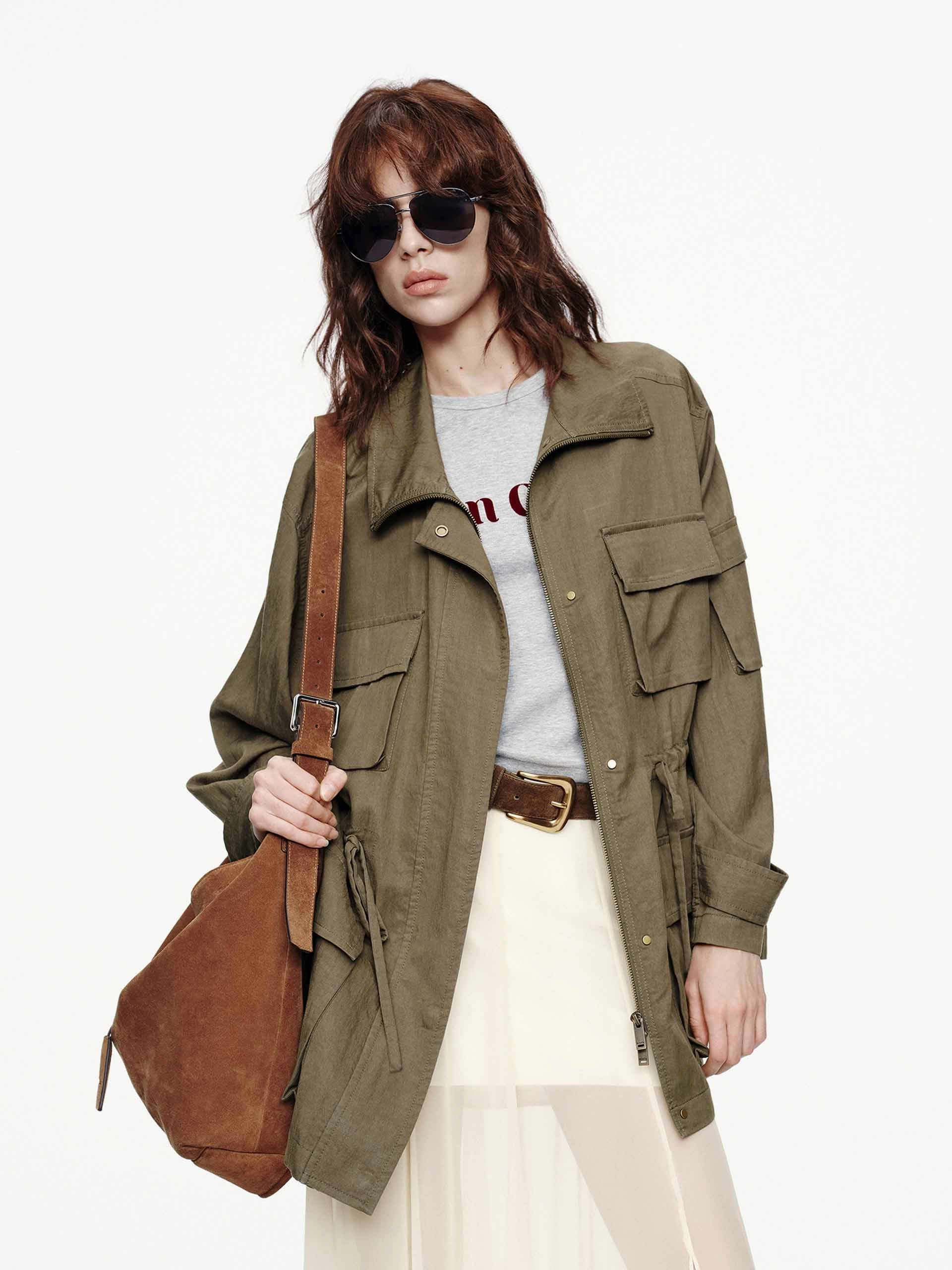 Lined Pockets Drawstring Cargo Coat
