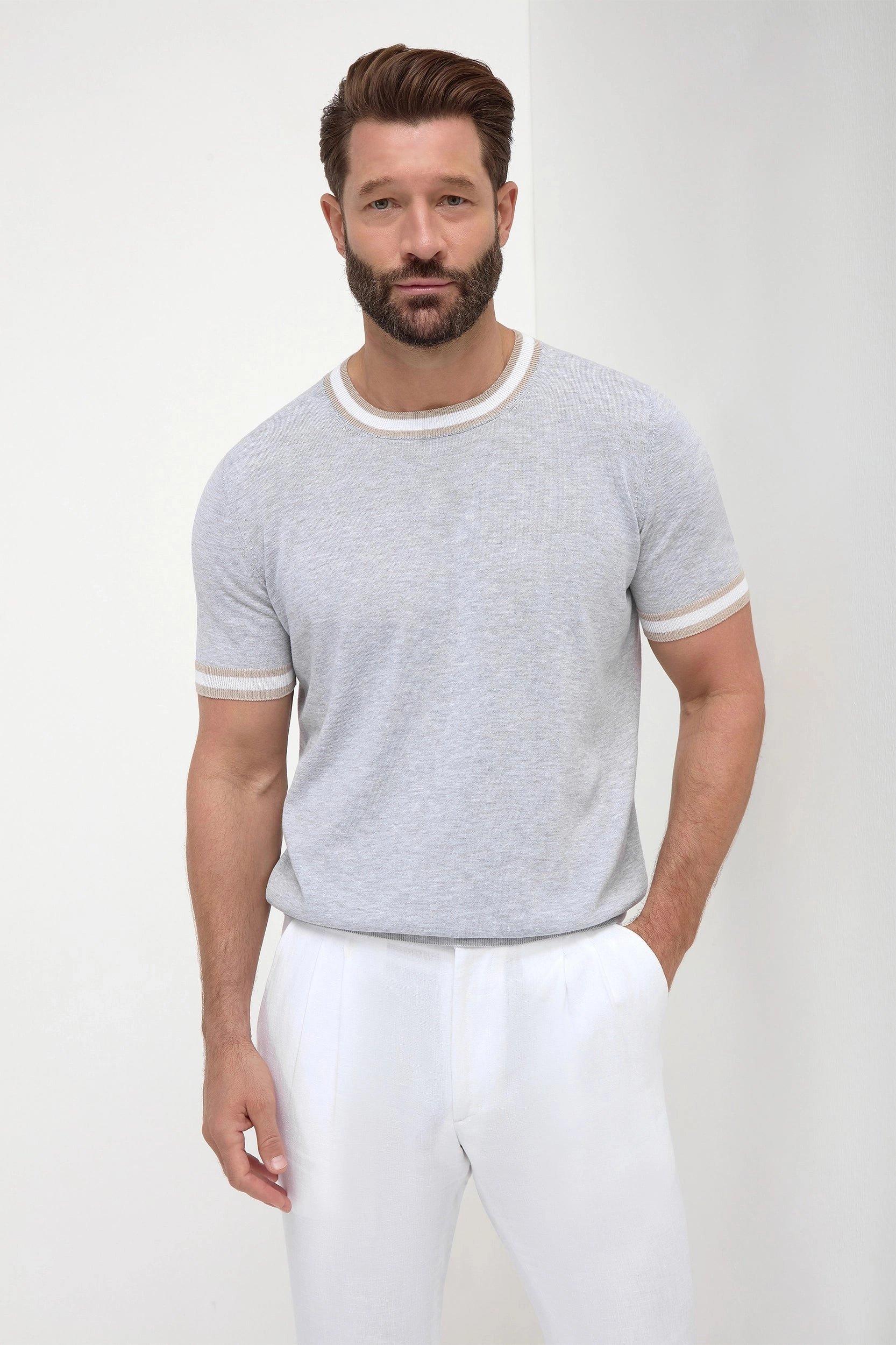 Light grey striped collar detail knitted t-shirt - Made in Italy Crisp Design