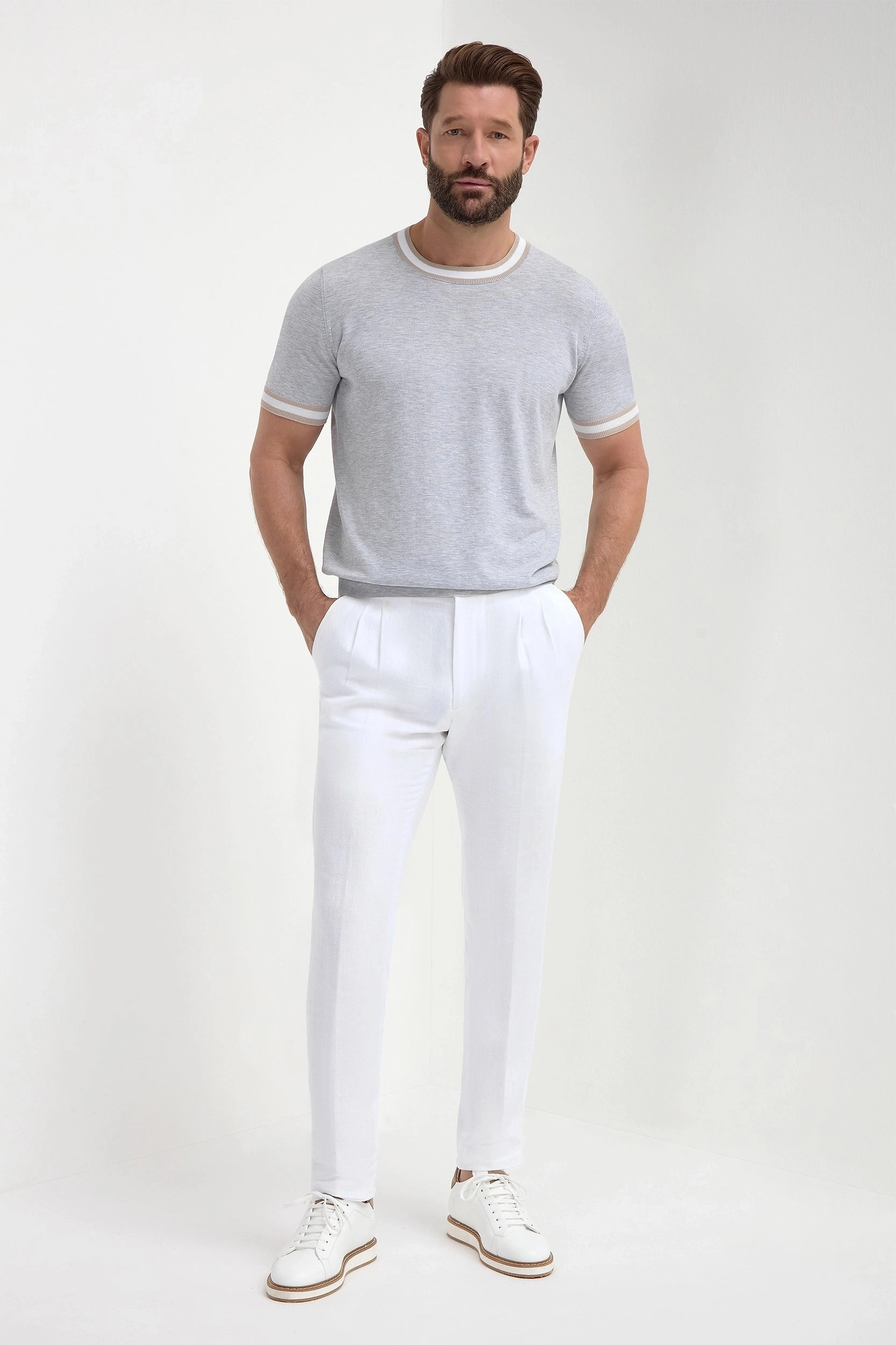 Light grey striped collar detail knitted t-shirt - Made in Italy Comfortable Wear