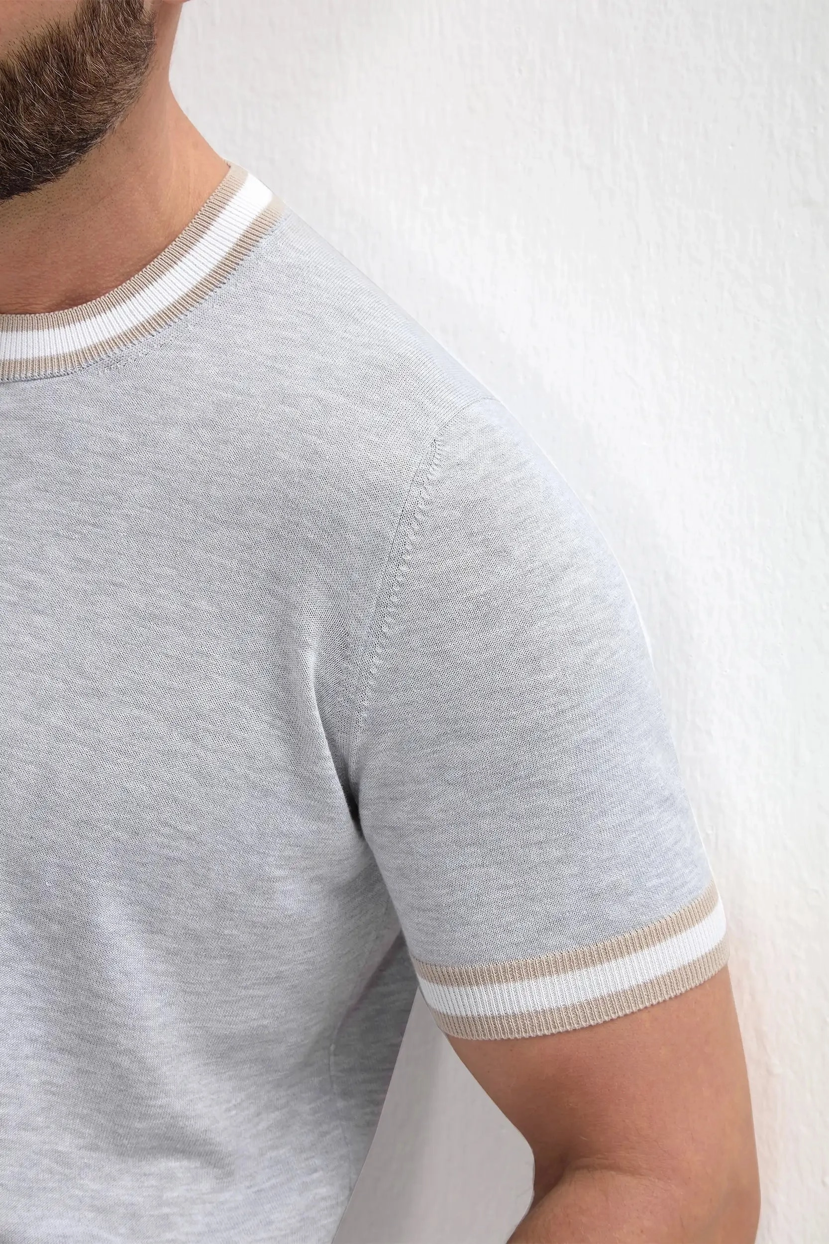 Light grey striped collar detail knitted t-shirt - Made in Italy Daily Favorite skin friendly