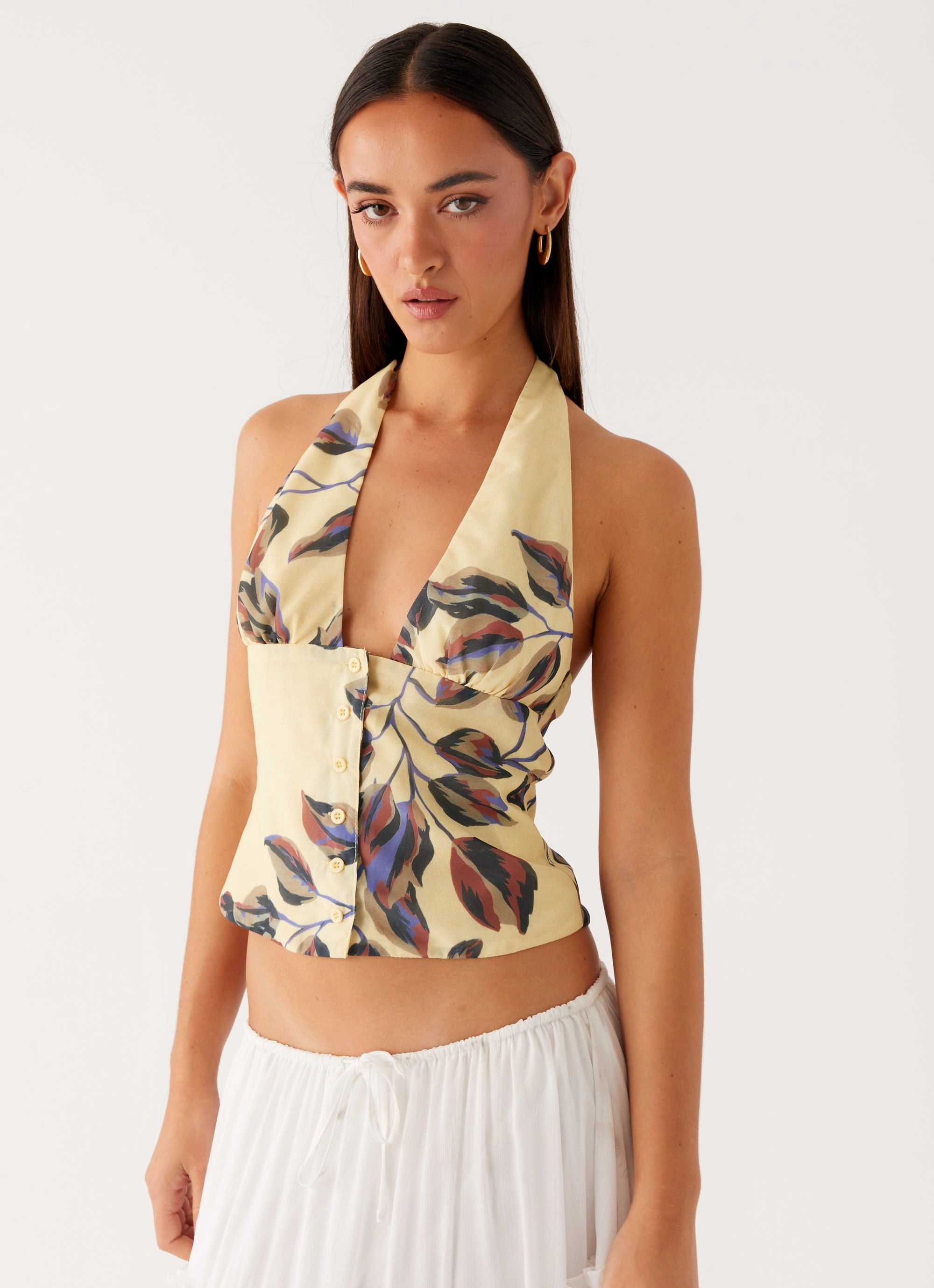 Devoted Halterneck Top - Buttercream Floral large - scale Soft touch finish