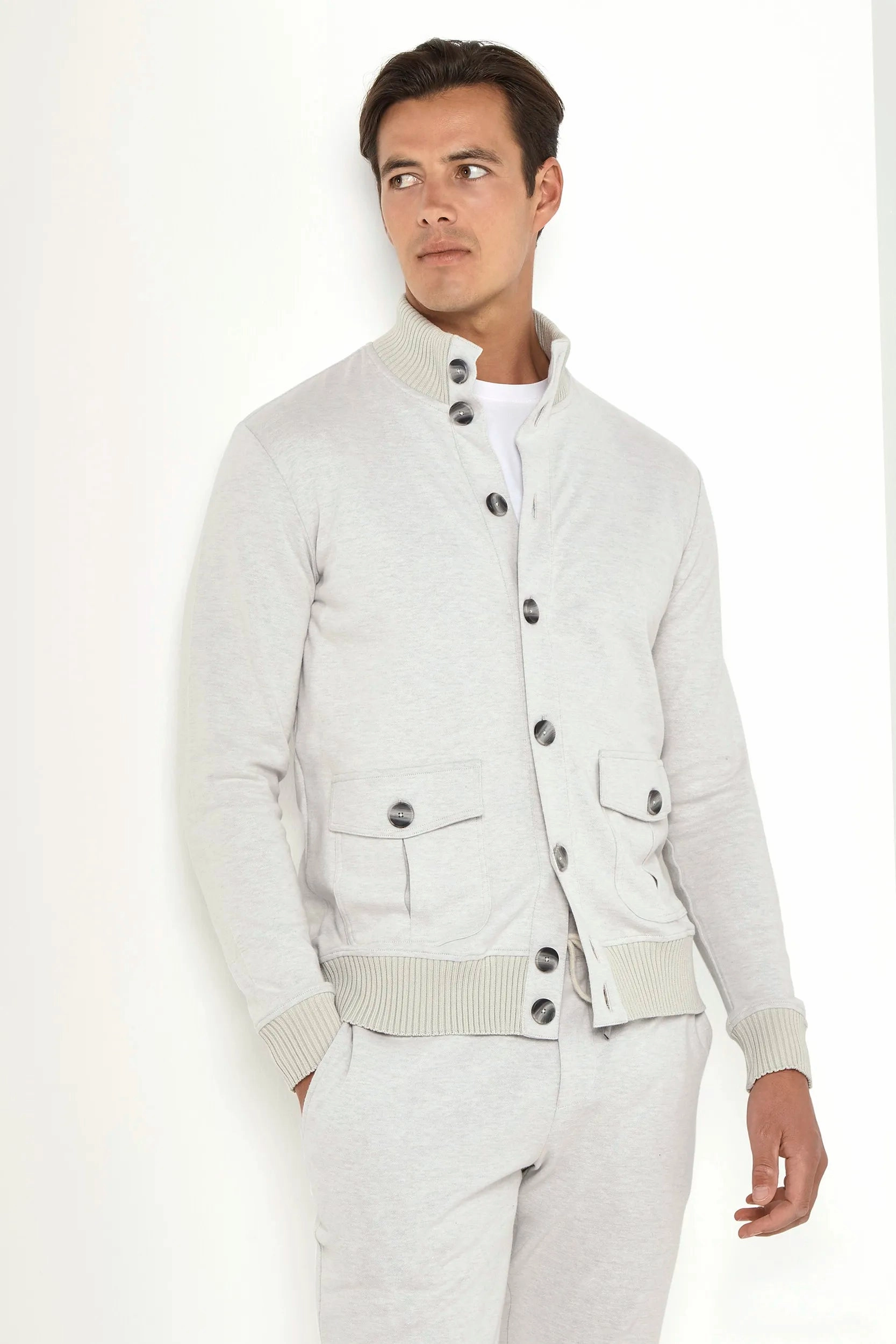 Gentle Fit Lightweight Stretch Fabric Stone jersey cardigan - Made in Italy