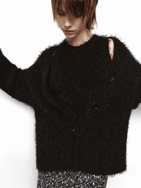 V-neck Fuzzy Knit Cardigan ShrinkResistant Weave Minimal Fashion