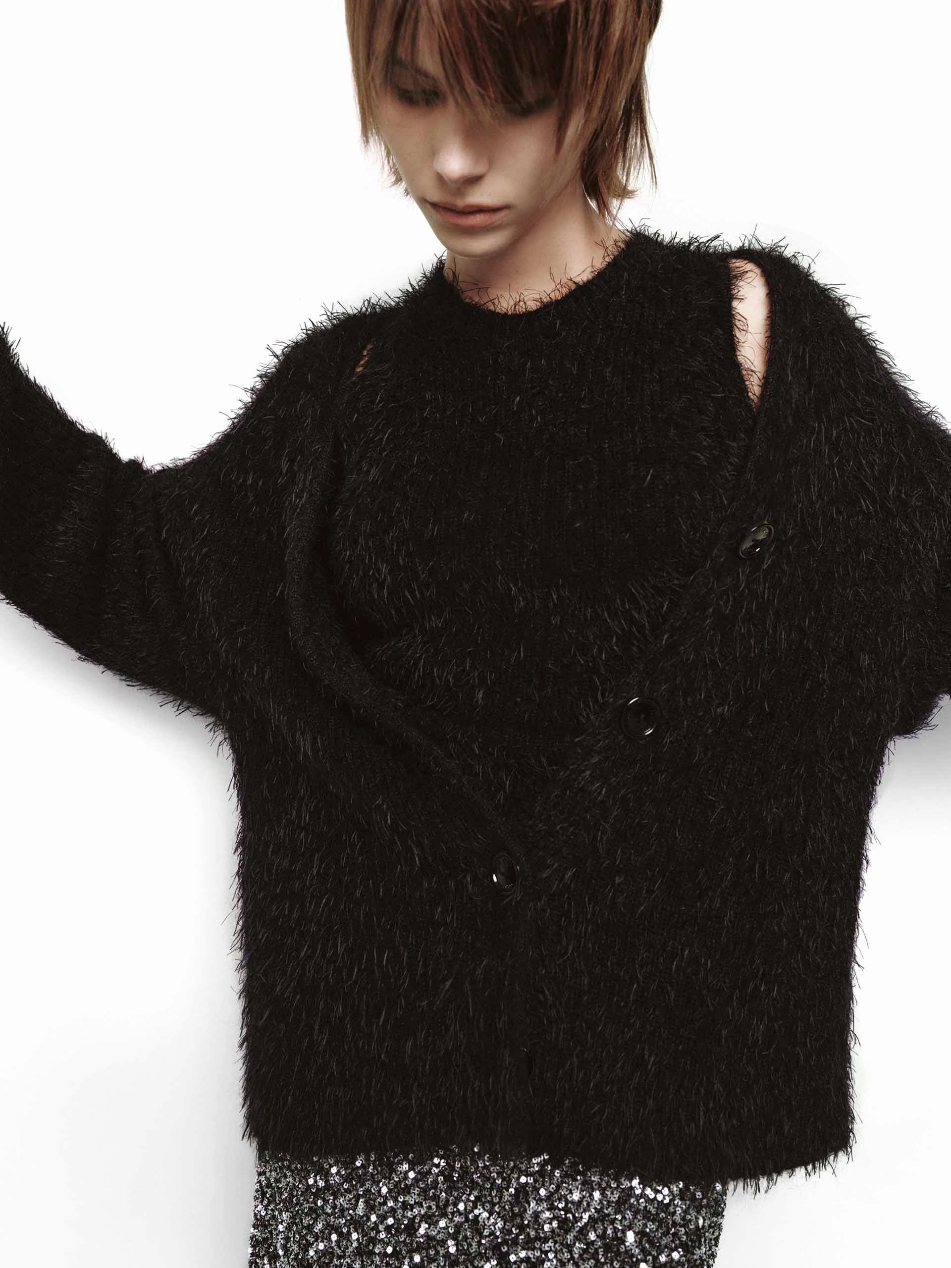 V-neck Fuzzy Knit Cardigan Gentle Stretch Waistband