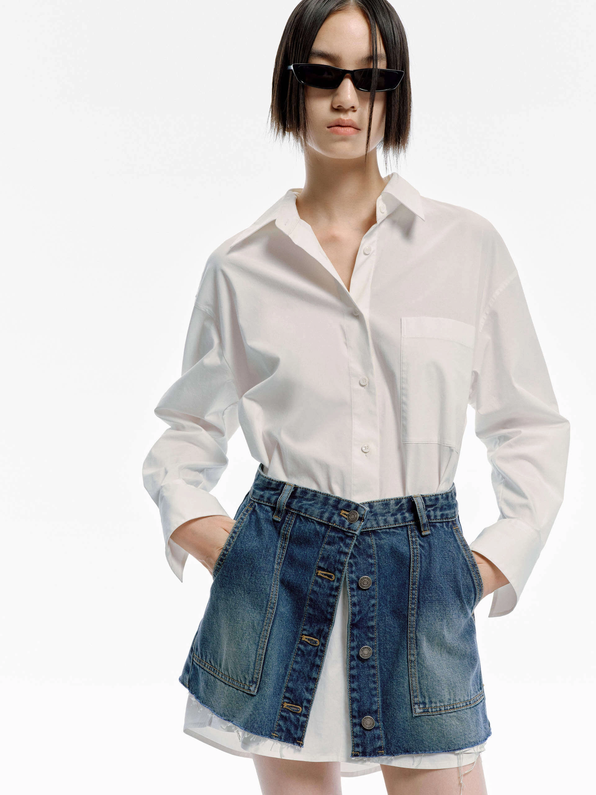 Paneled Denim Shirt Dress Figure-Skimming Smooth Design