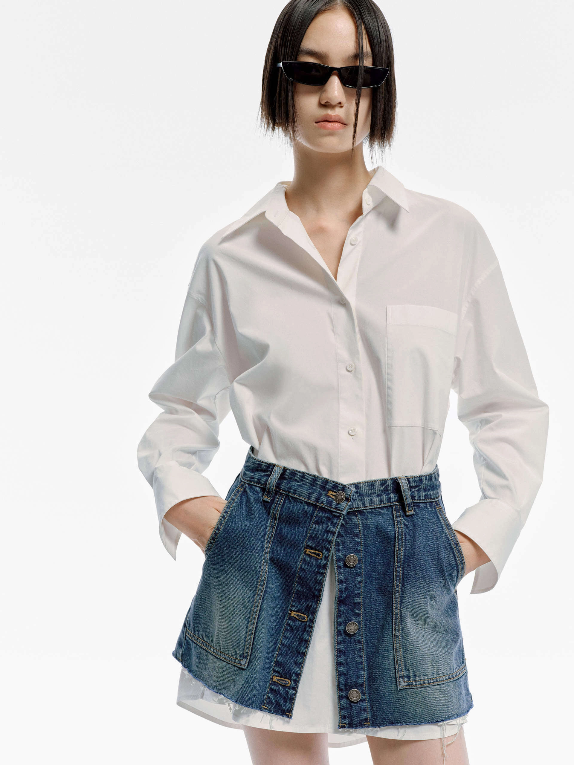 Pleat Breeze Paneled Denim Shirt Dress