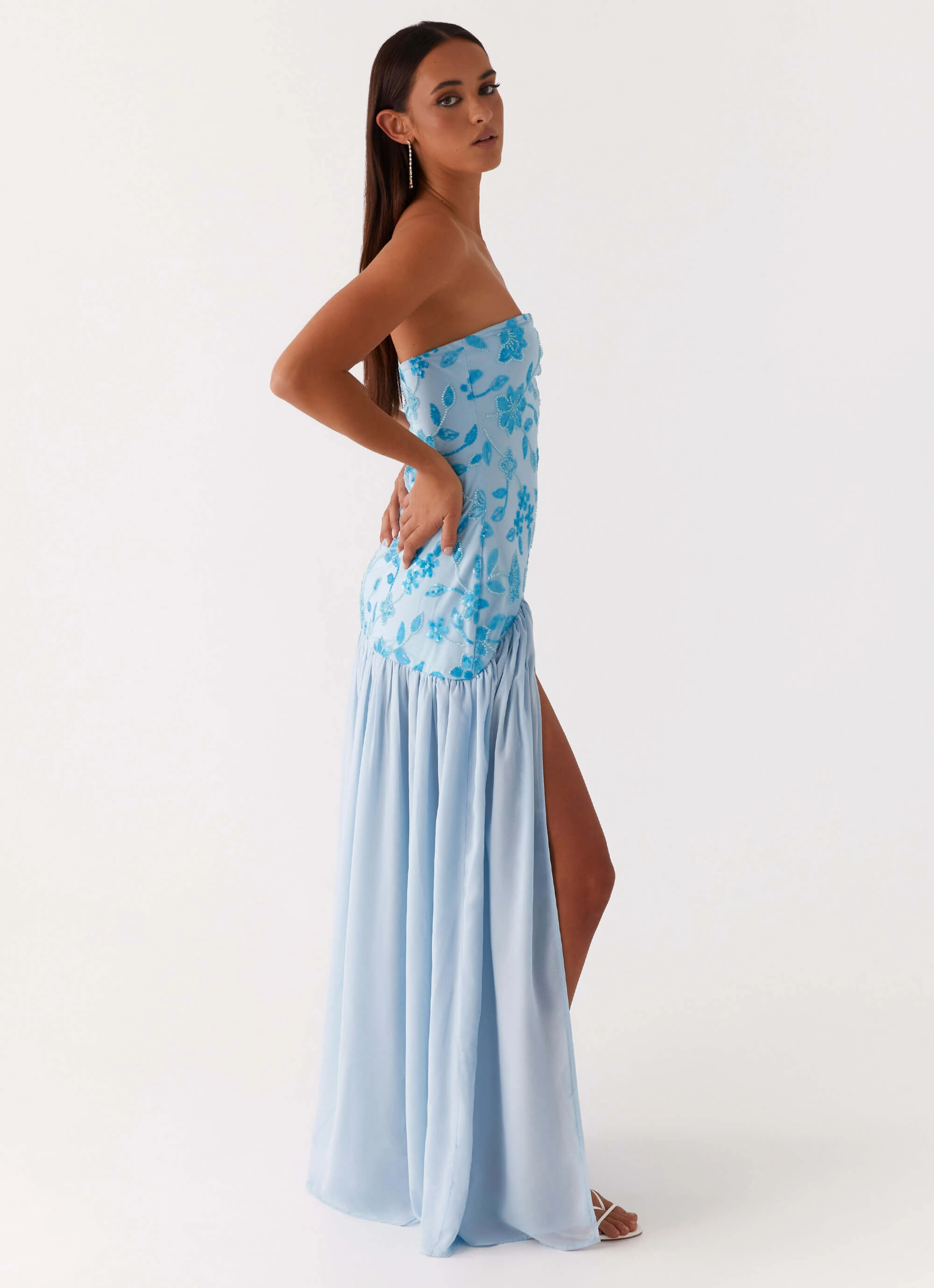 Easy Fit Smart and Polished Eden Strapless Beaded Maxi Dress - Blue
