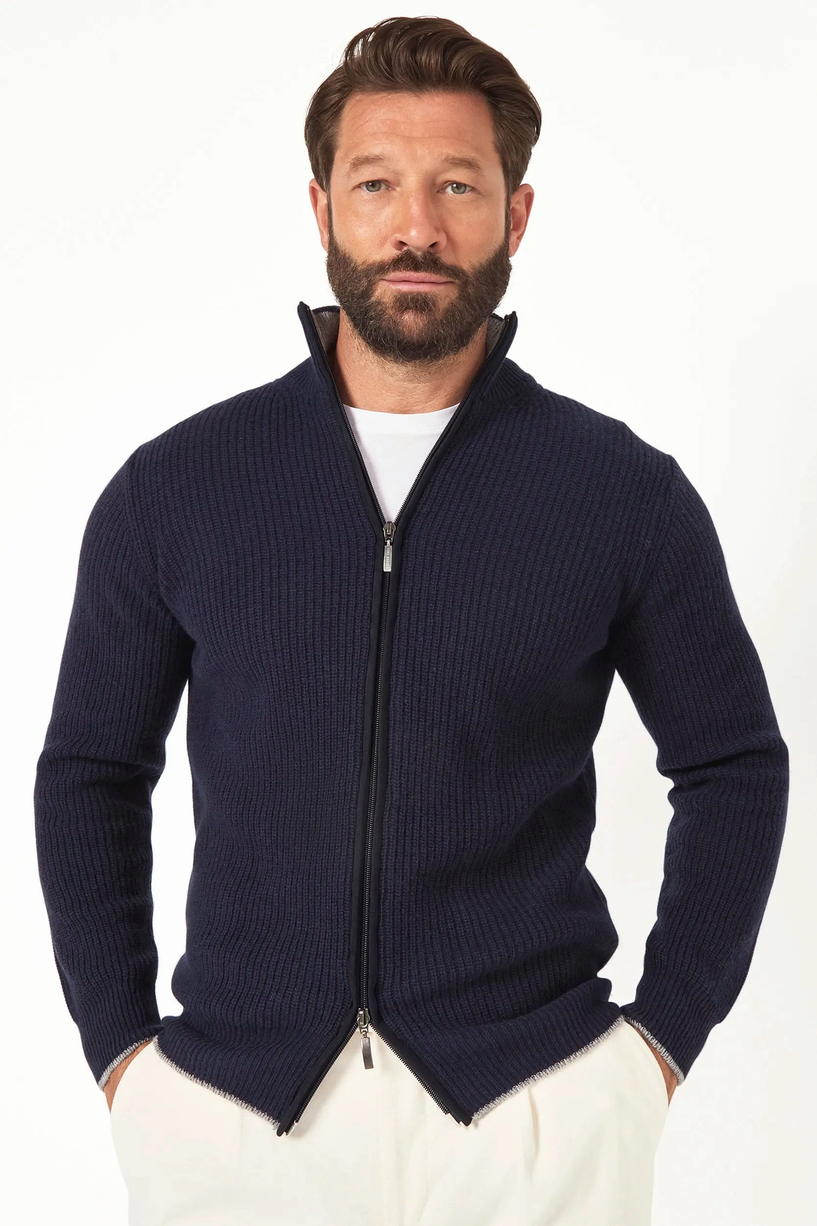 Blue ribbed cashmere blend full zip ?C Made in Italy EcoFriendly Dye Luminous Thread Accents