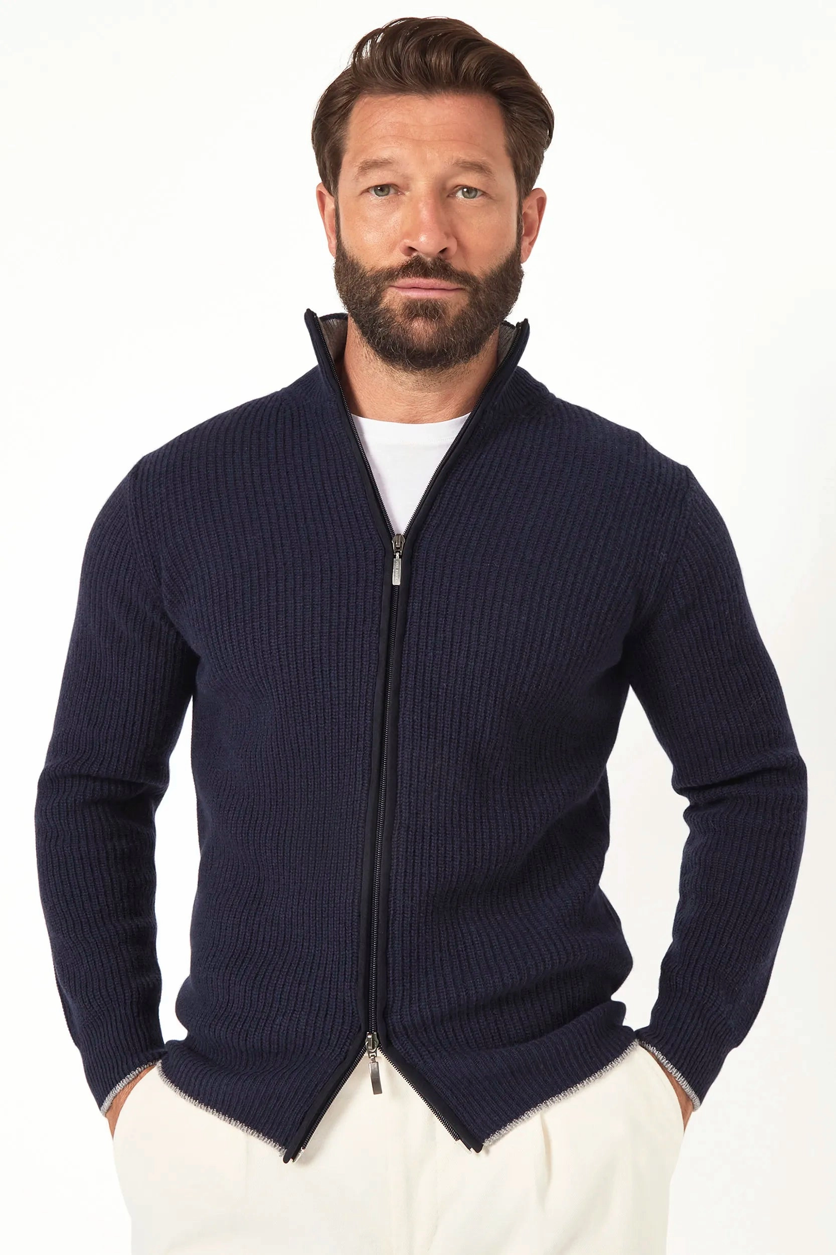 Quiet Tone Sweat Wicking Lining Blue ribbed cashmere blend full zip ?C Made in Italy